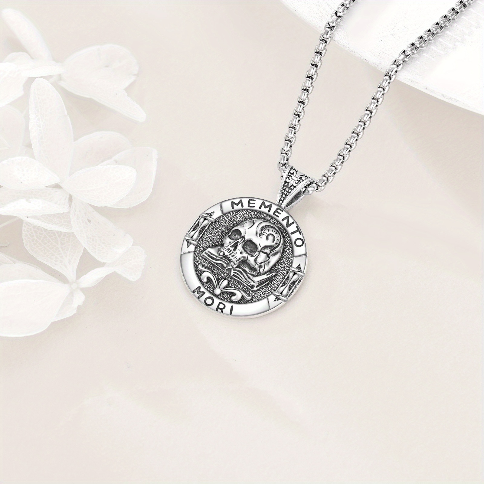 925 Sterling Silvery Memento Mori Skull Pendant Necklace