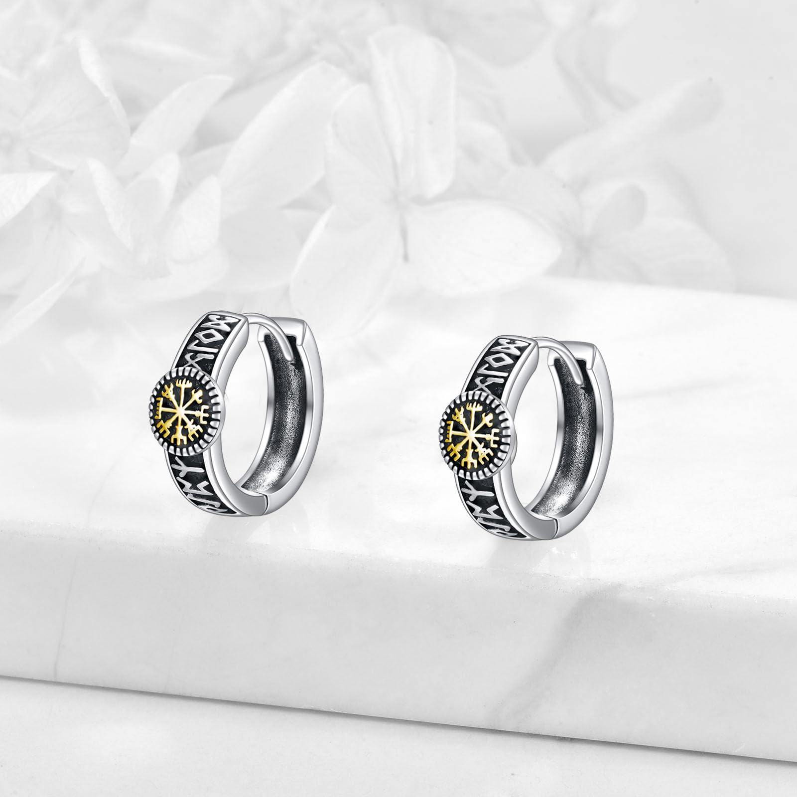 viking hoop earrings for men 925 sterling silver viking runes earrings for women viking jewelry 15mm huggie black hoops Product details 2