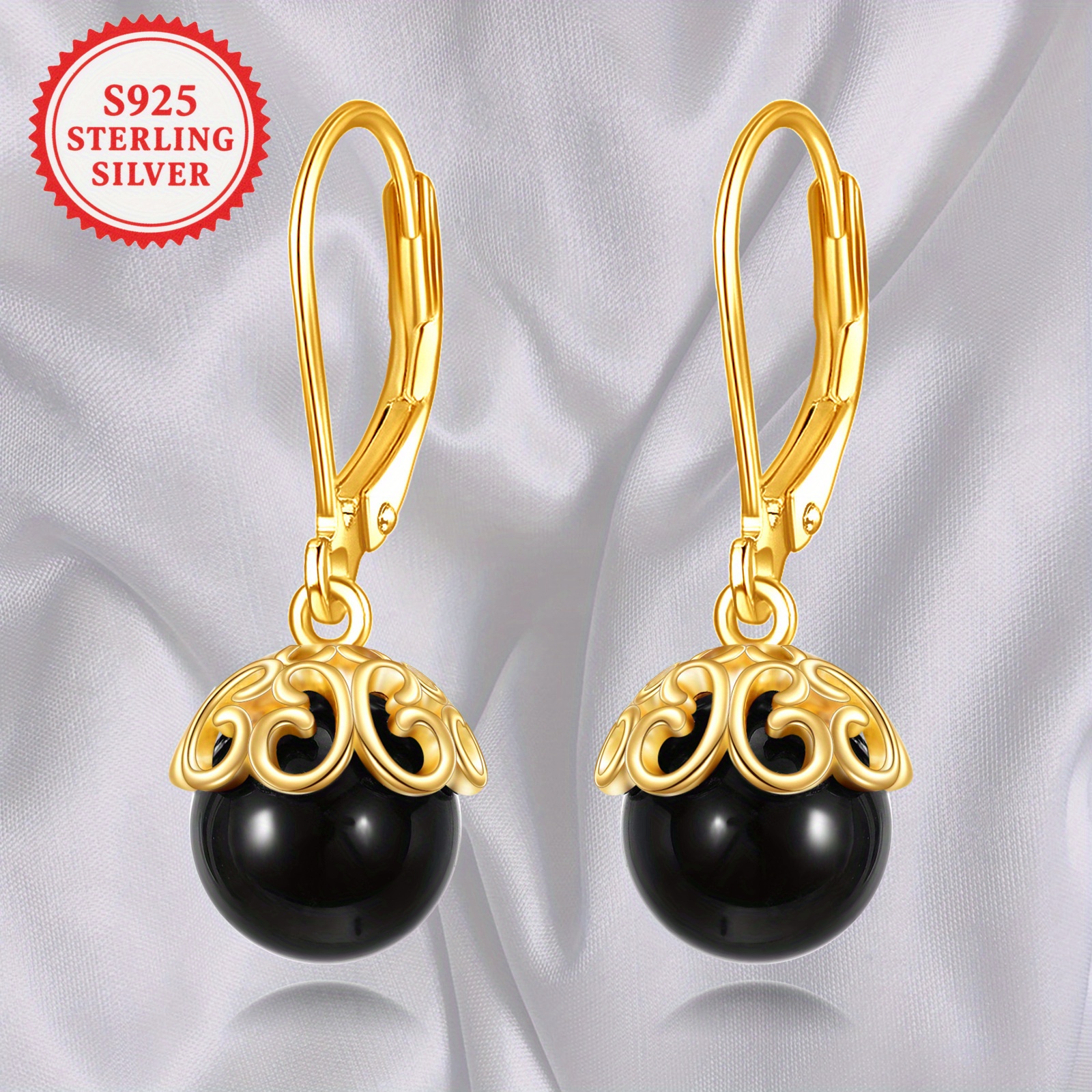 Women's Filigree Black Onyx Stone Drop Dangle Earrings, Elegant Style