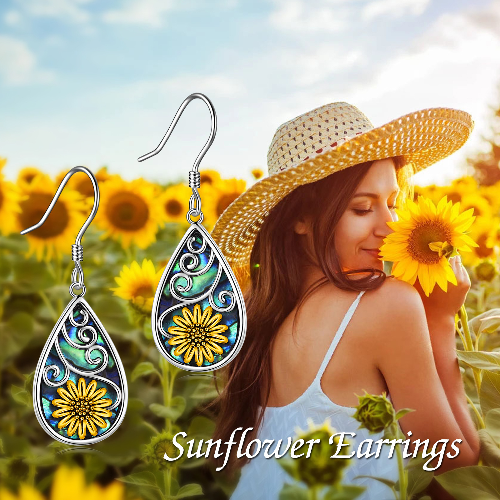 sunflower earrings for women 925 sterling silver teardrop abalone earrings dangle sunflower jewelry gifts birthday Product details 0