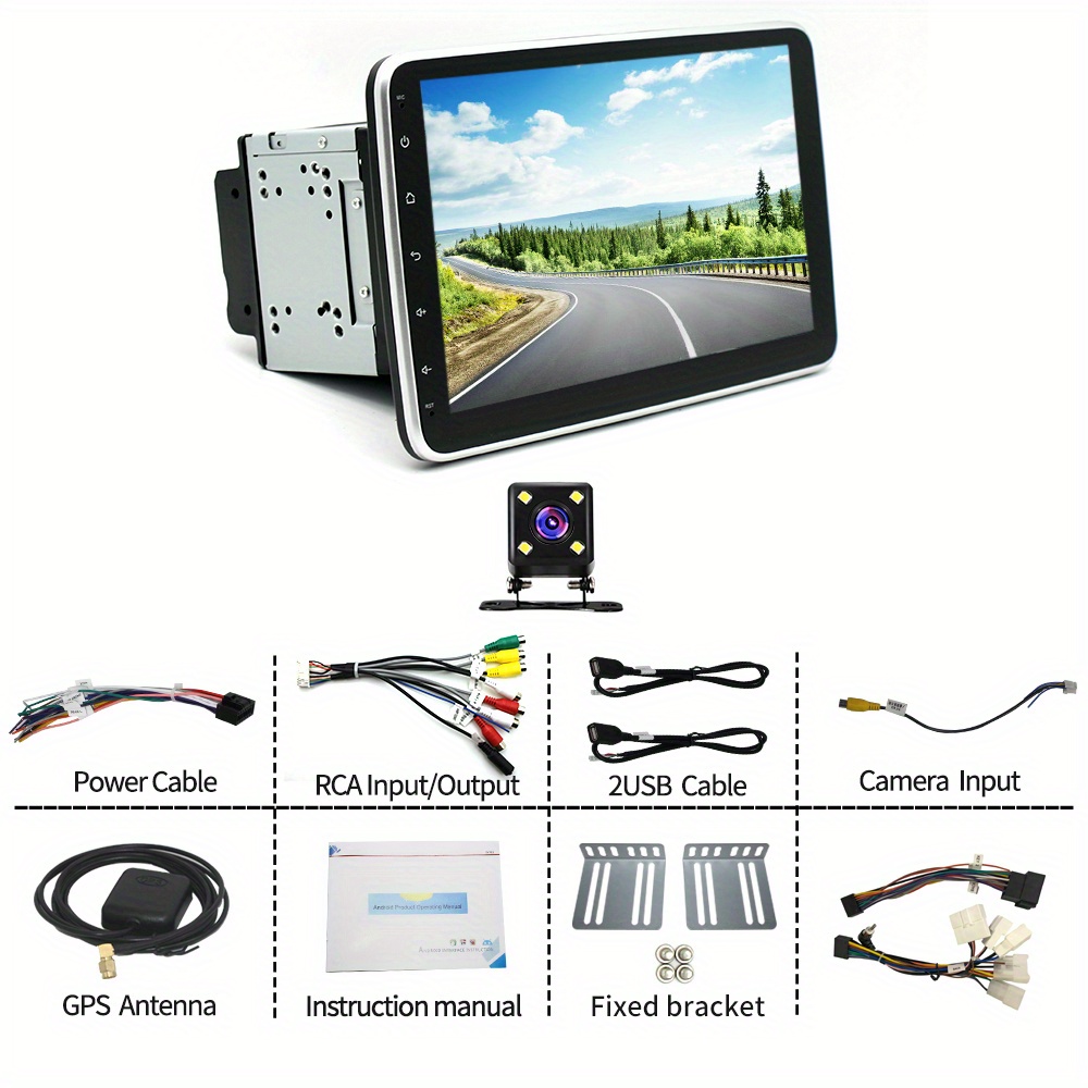 TEMU 10in Double Din Rotatable Car Stereo Built-in Android Auto Audio Receiver Mp5 Player Usb Fm Multimedia Radio + 4 Led Mini Backup Camera