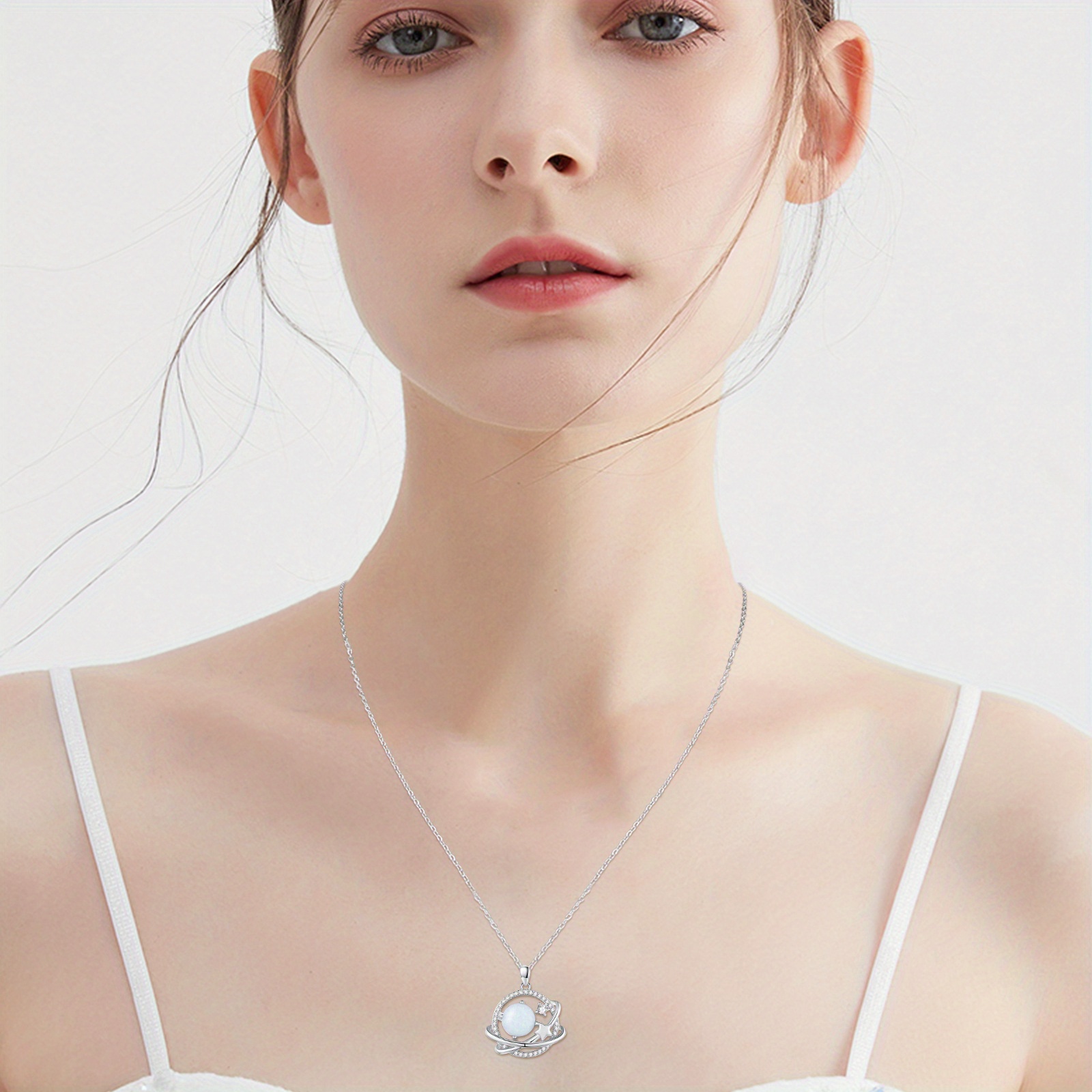 Saturn Necklace 925 Sterling Silver Opal Universe Pendant