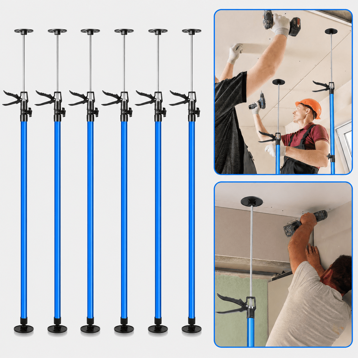 6-pack Professional Heavy Duty Telescopic Support Poles, 115-290cm Adjustable Steel Third Hand, 110lbs Each, For Drywall And Cabinet Installation