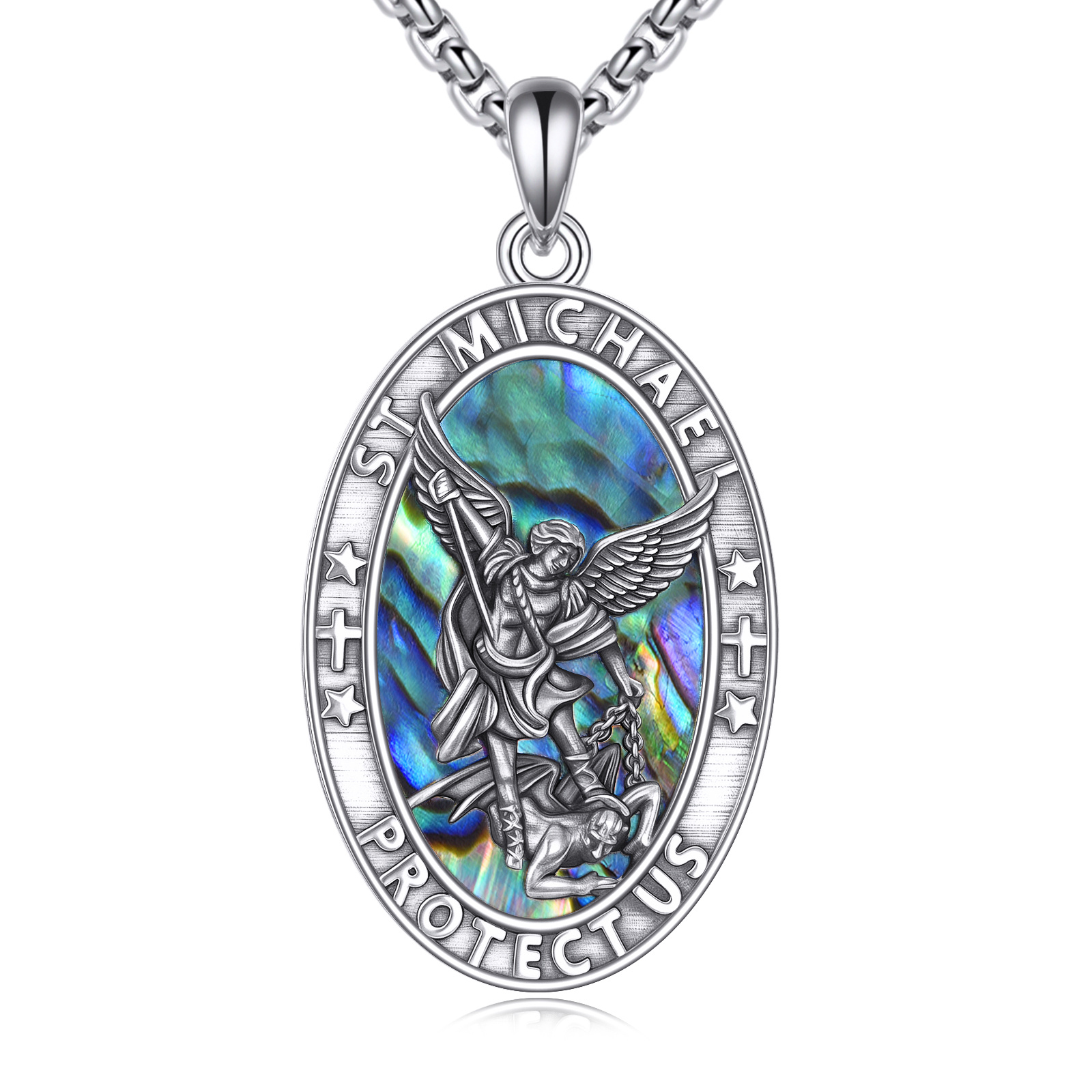 925 Sterling Silver Abalone Shell Saint Michael Necklace For Guidance And Support, A Powerful Symbol Of Protection And Strength. For Daily Wear, Birthday Gift, Christmas Gift, For