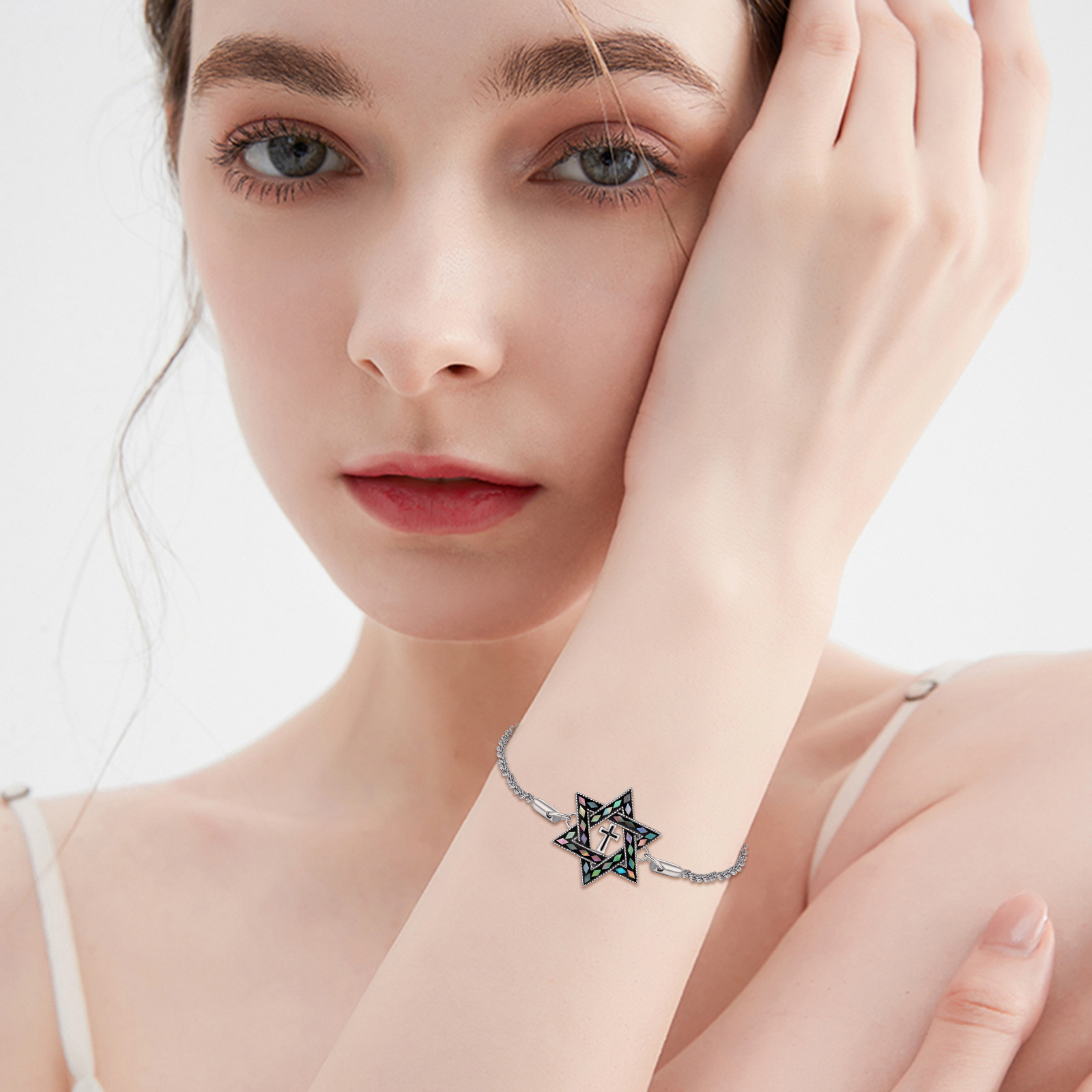 Sterling Silver Star of David Bracelet Cross