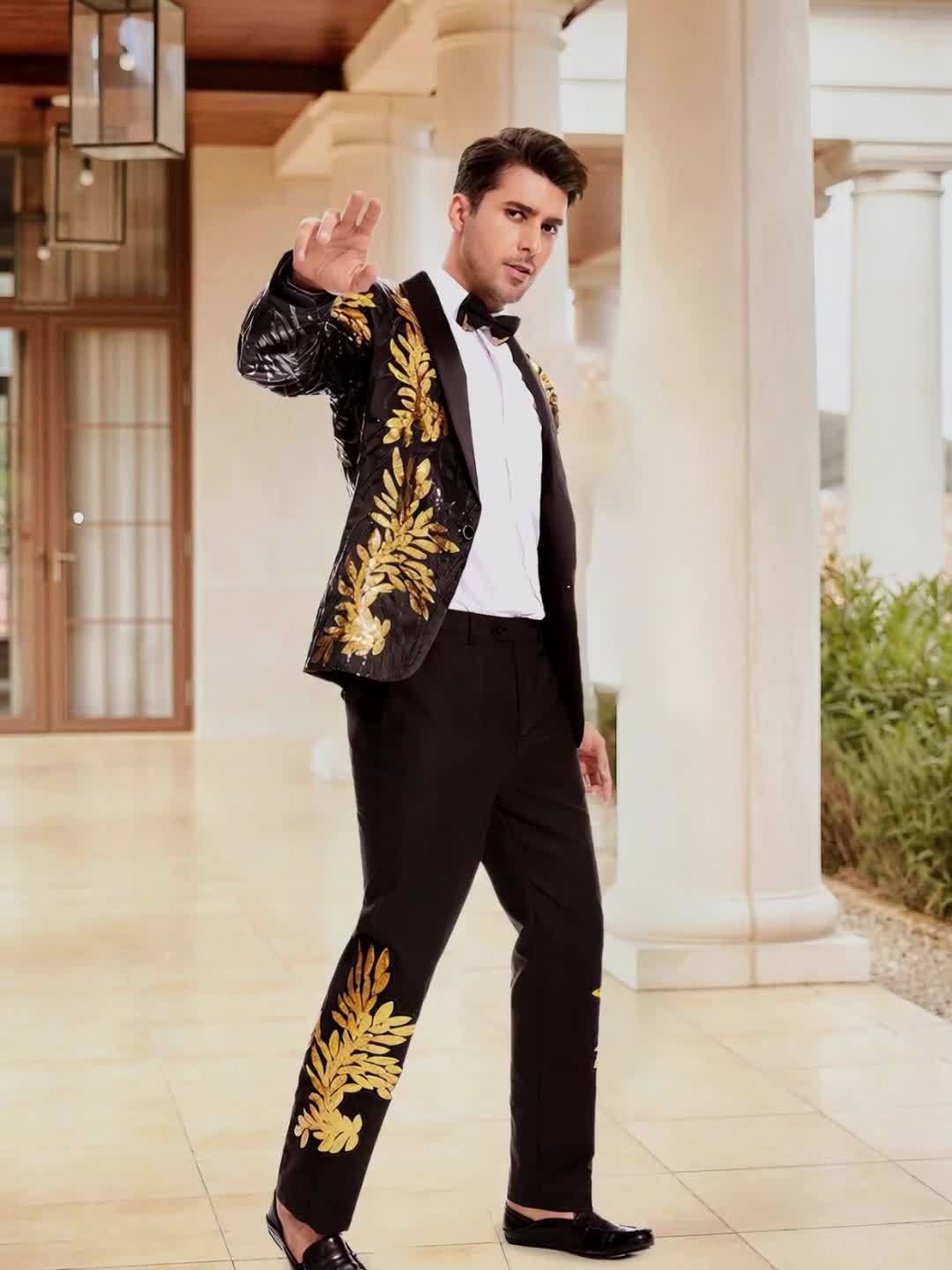men suit 2pcs black golden sequins notched lapel single - Temu
