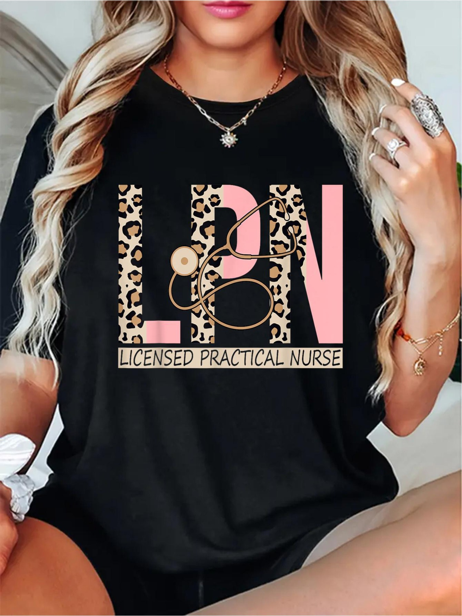 180g Printed Round Neck Short Sleeve T-Shirt LPN Leopard Nurse LPN  Nursing Practical