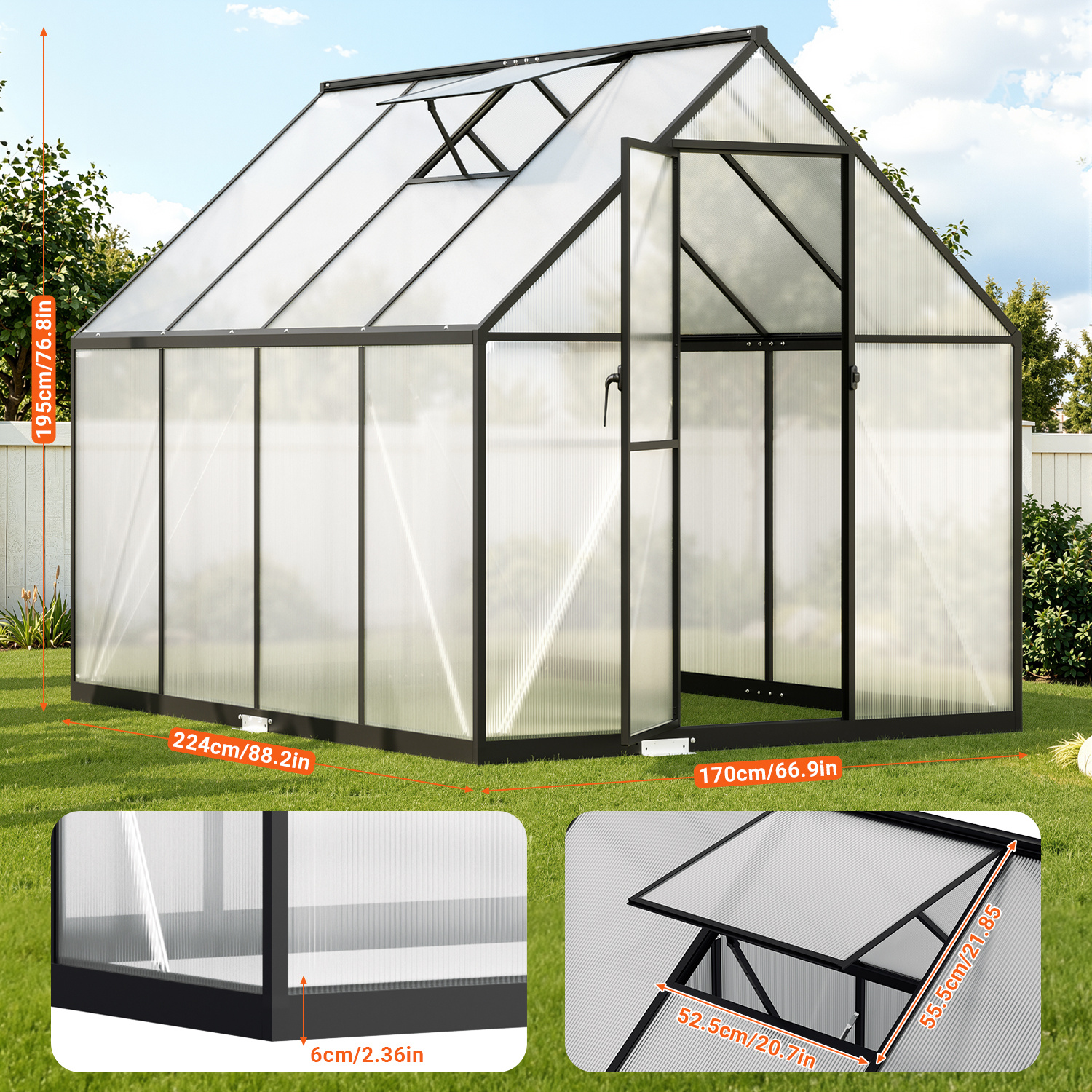 Aluminum Greenhouse, Garden Greenhouse, Multi-wall Panel Greenhouse, Weather-resistant Greenhouse, Tomato-growing Greenhouse With Windows - Ideal For Gardens And Seedling Propagation