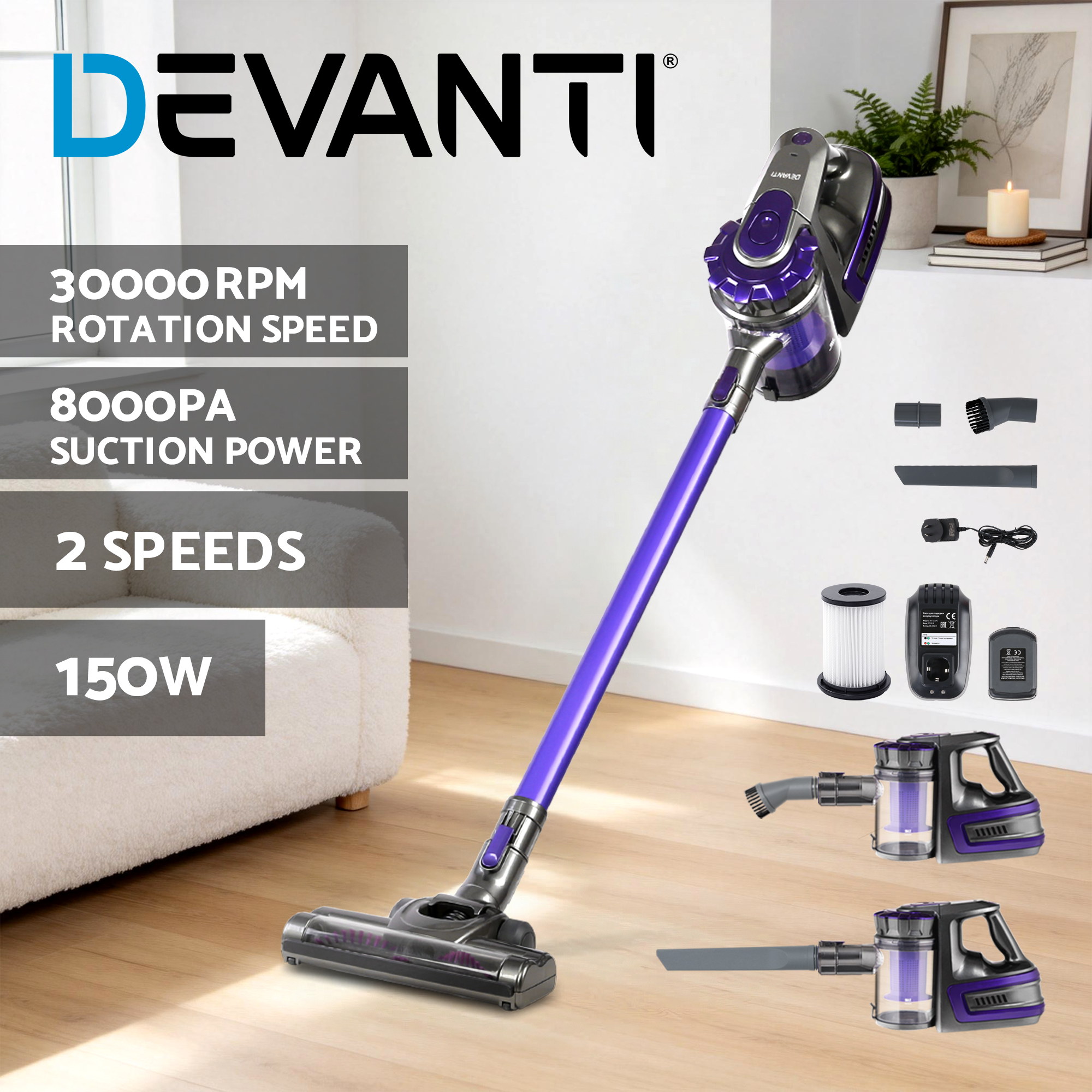 TEMU Devanti Stick Vacuum Cleaner Bagless Cordless 150w Purple