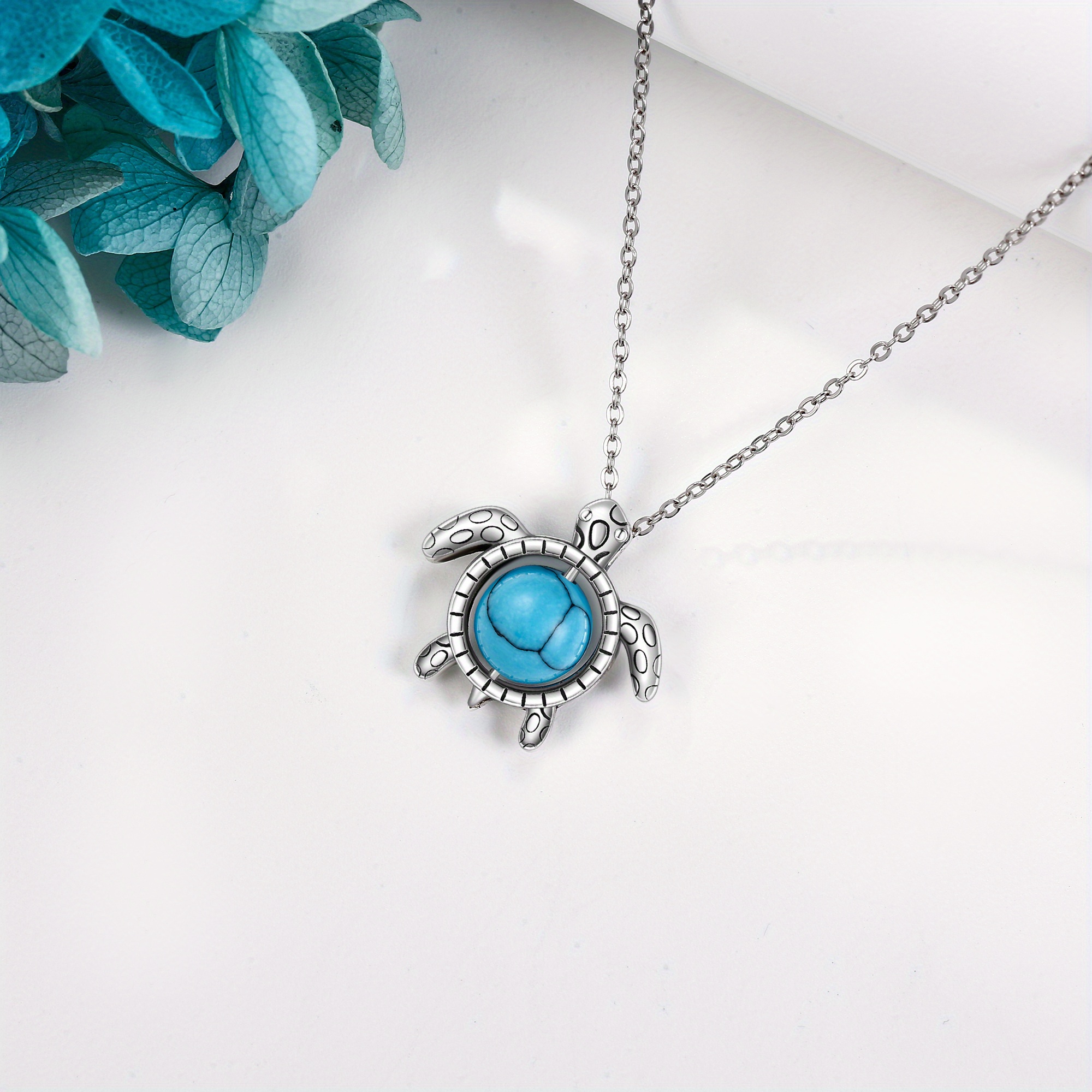 925 Sterling Silver Turtle Fidget Necklace with Turquoise