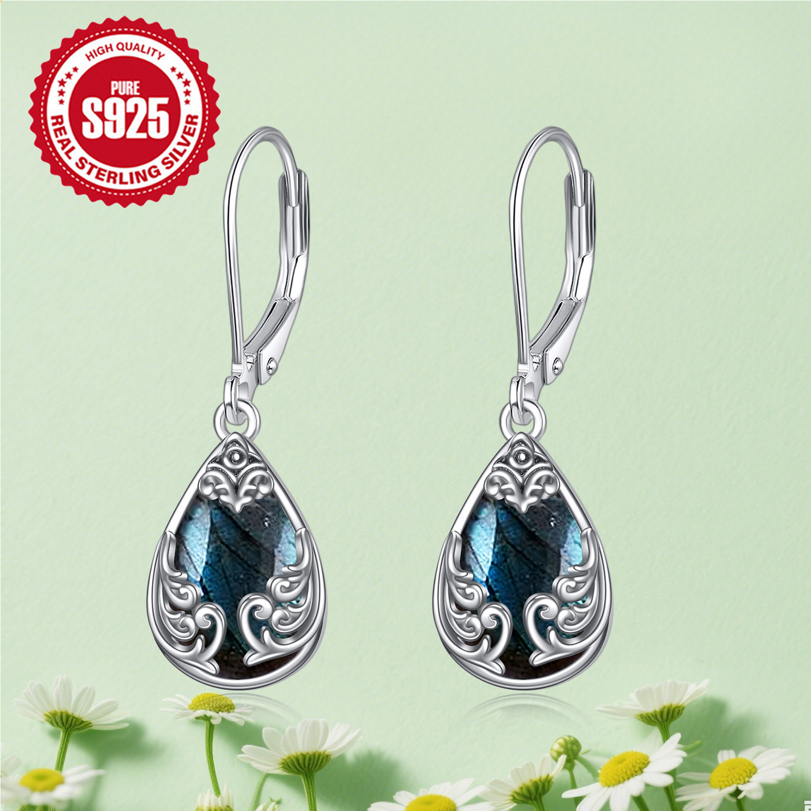 labradorite   teardrop drop dangle earrings sterling silvery leverback earrings jewelry Product details 1