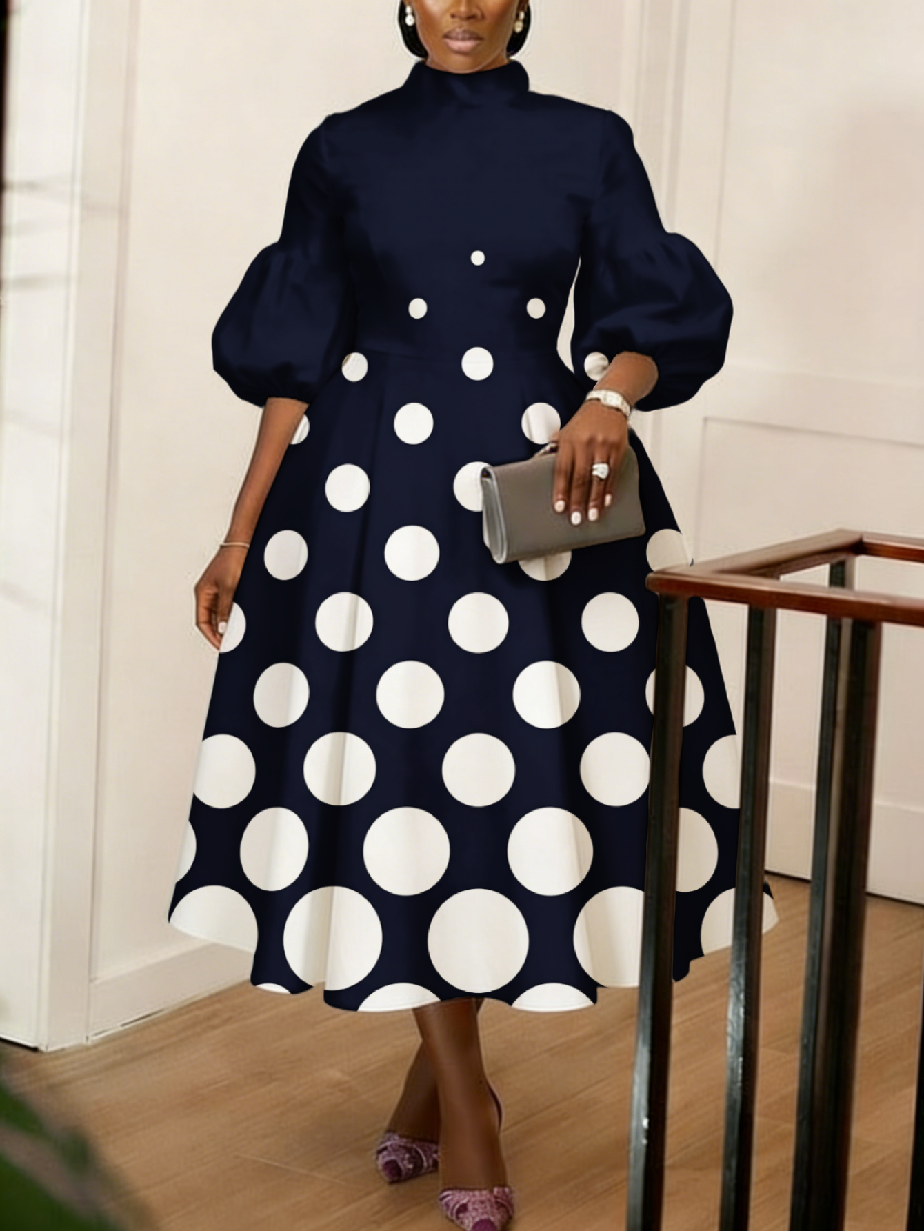 knee length dresses for ladies Lace Long Sleeve Ruched Bodycon Dress, Navy Polka Dot – Jolie Moi Retail main image 0