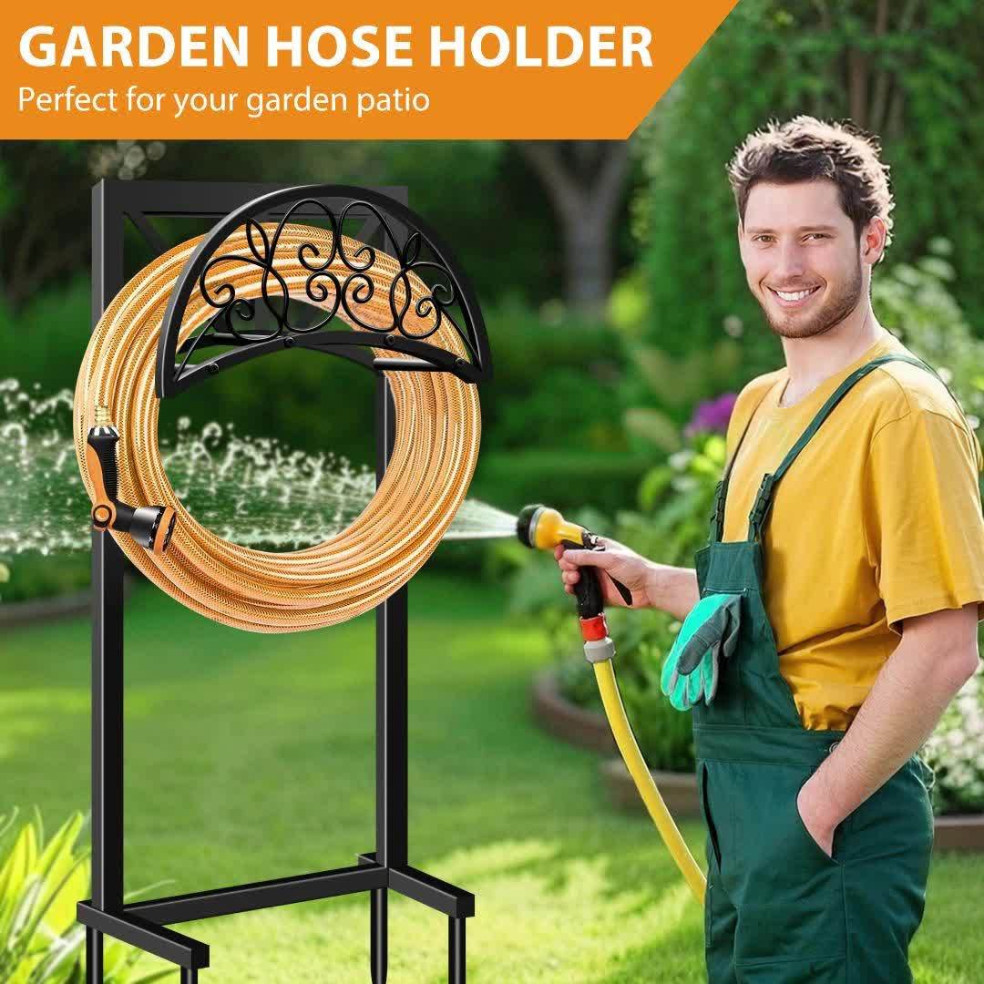 Heavy-Duty Metal Garden Hose Holder Stand with Rust-Resistant Design and Spikes, Freestanding Outdoor Hose Reel Organizer for Up to 150 ft H