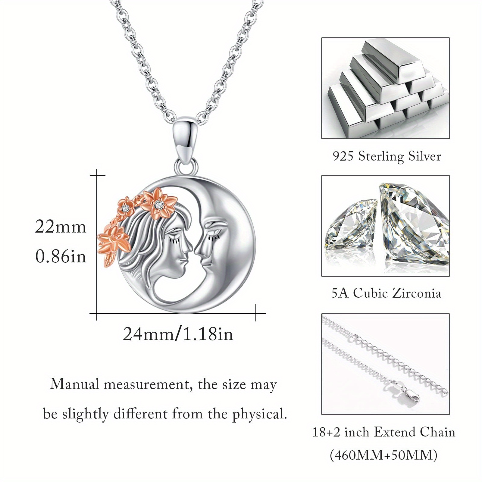YFN 925 Silver Moon Face Necklace with Floral Design