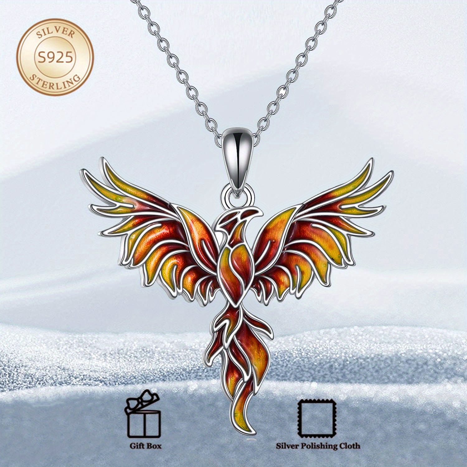 TEMU 925 Sterling Silvery Red And Yellow Gradient Phoenix Pendant Necklace Mother's Day Gift Silvery Weight 5.5g