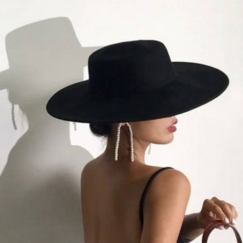 felt big brim fedora hat blend wide brim flat church derby cap black