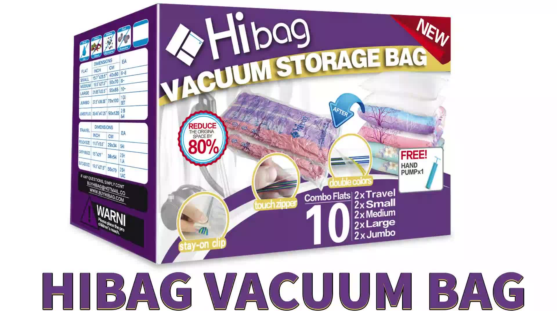 Hibag 15 Pack Vacuum Compression Storage Bags with Hand Pump (3 Small, 3  Medium, 3 Large, 3 Jumbo, 3 Roll Up Bags)
