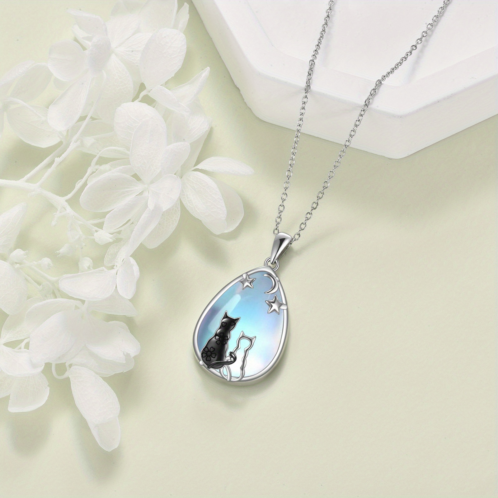 Cat Moonstone Mother and Daughter Necklace for Women Sterling Silver