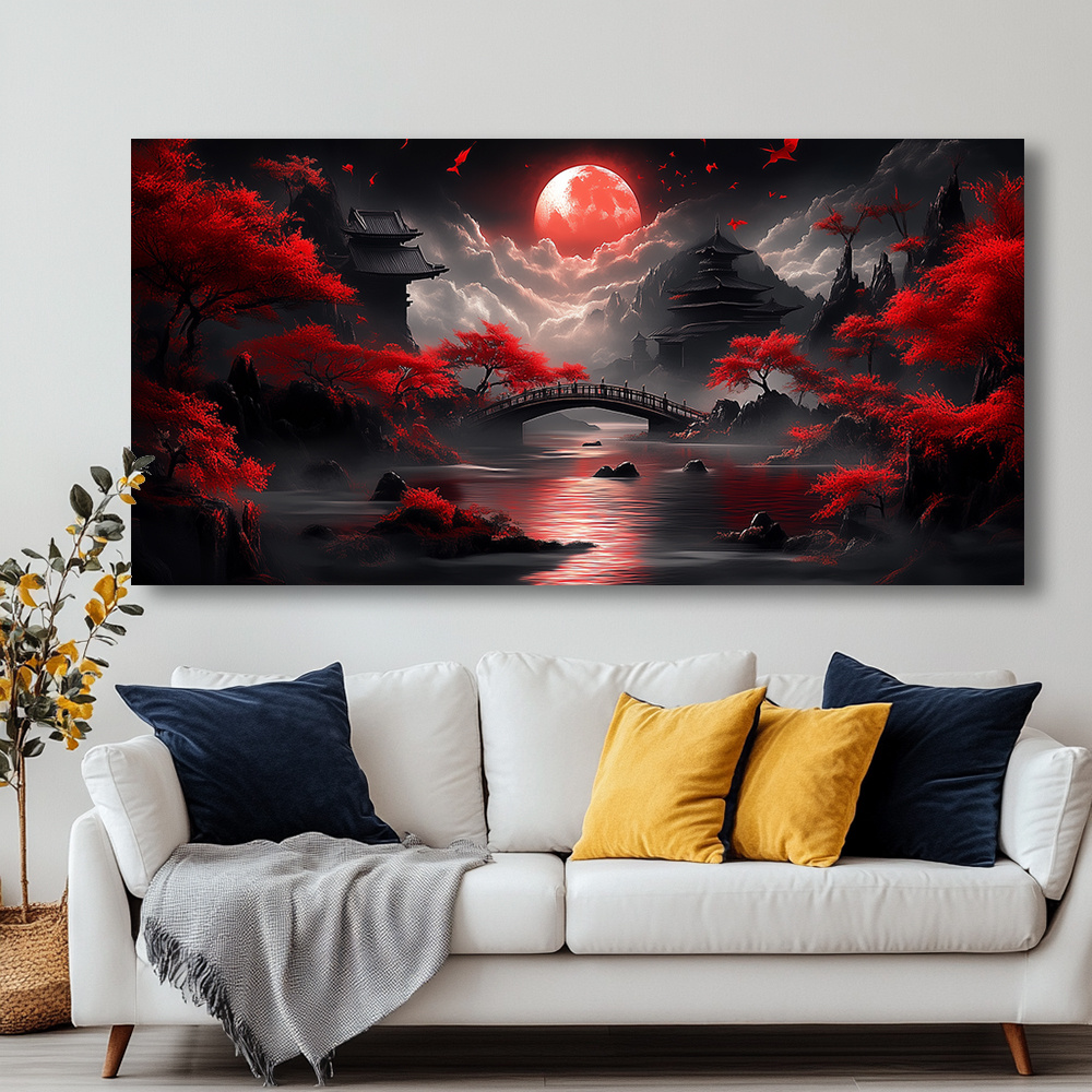 2D Flat, 2D Flat, Framed Canvas Artwork Featuring a Red Moon And Pagoda, 1.5-Inch Frame, Ideal for Decorating Bathrooms, Living Rooms, Kitchens, Bedrooms, And Offices with High-Quality Modern Prints