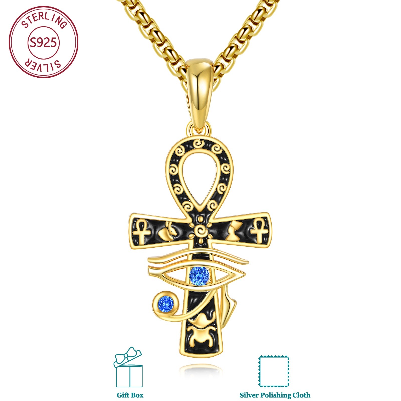 Image of 925 Sterling Silver Ankh Necklace With Synthetic Zirconia, Ancient Egyptian , 18k Golden Plated, Suitable For And Wear