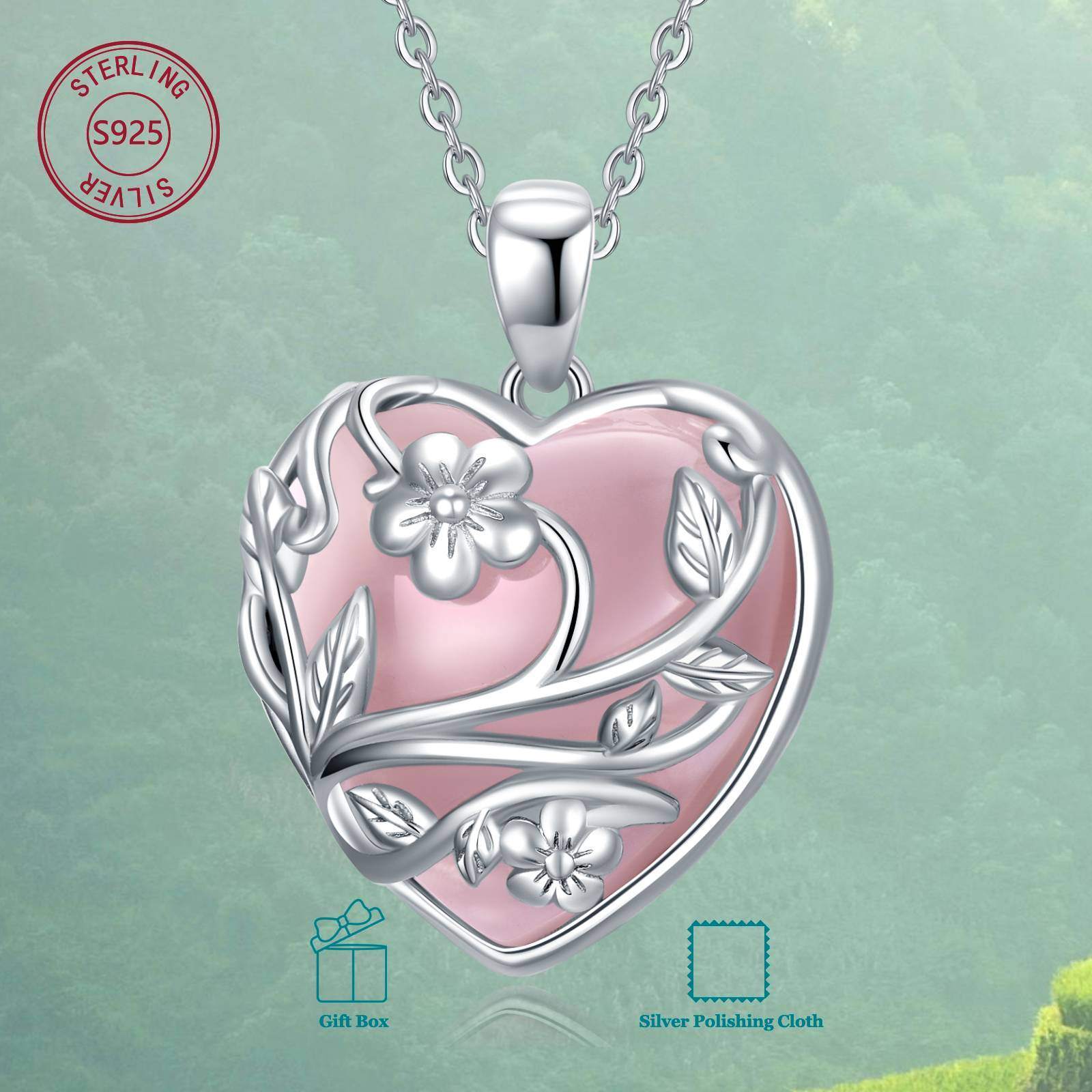 Image of Yafeini Elegant Synthetic Rose Quartz Necklace Sterling Silver Synthetic Rose Quartz Heart Necklace Flower Jewelry For Women Pink Gifts For Mom