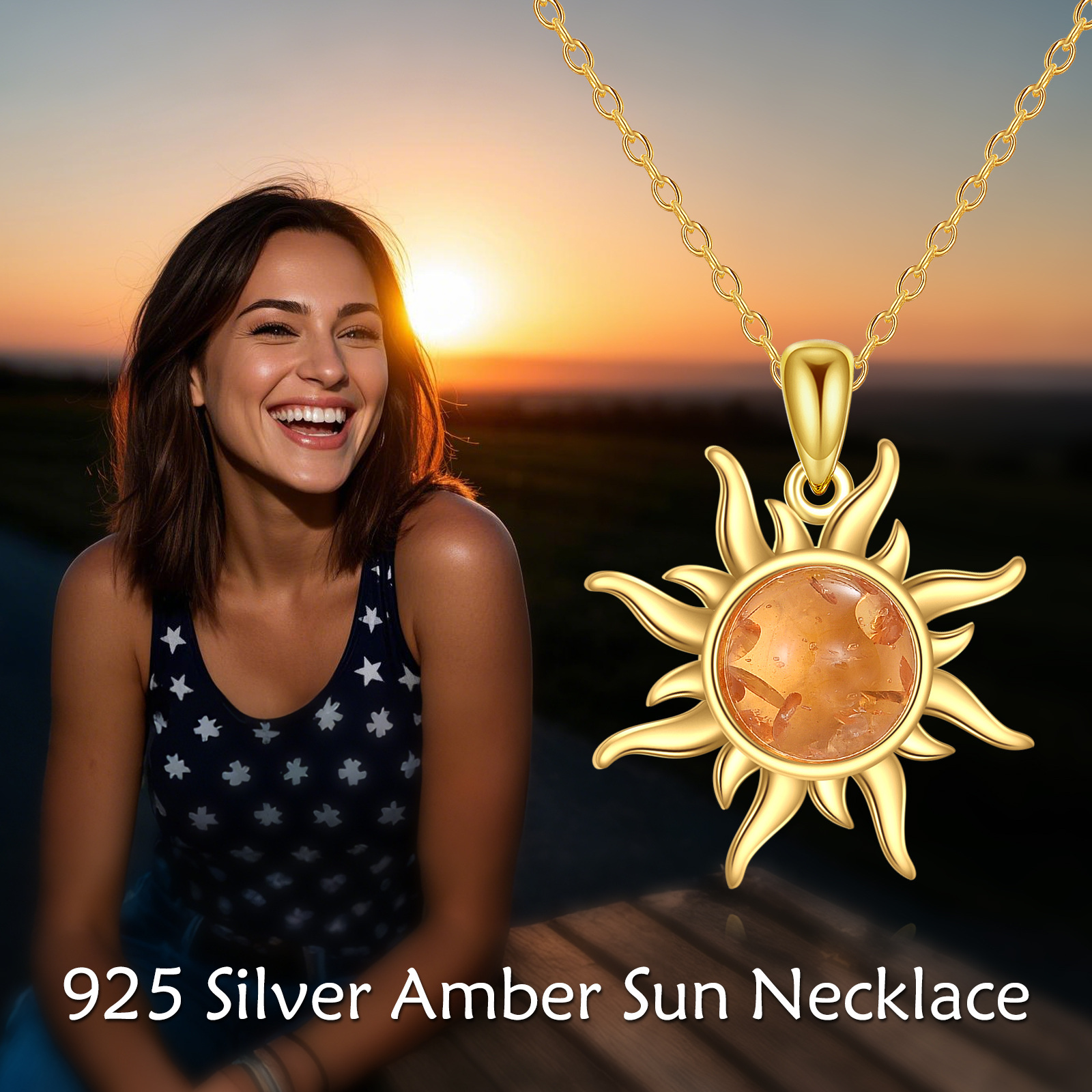 Image of Sun Necklace For Women 925 Sterling Silver Amber Necklace Sun Pendant Amber Jewelry For Women Men Mom