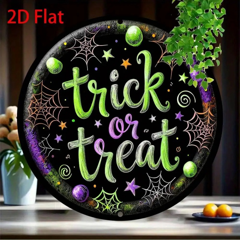 TEMU 2d Flat, 1pc Vintage-style 8-inch Round Trick Or Treat Metal Tin Sign - Black & Wall Art With Green Cursive Lettering, Web & - Rustproof Durable