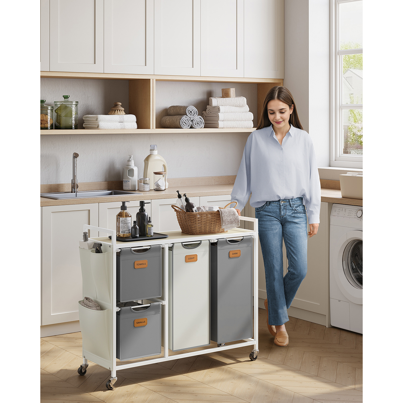 TEMU Laundry Basket 4 Compartments, Laundry Collector 150l, Laundry Sorter, Wheels, Laundry Cart With Shelf, Laundry Bag, Small Side Pockets, 6