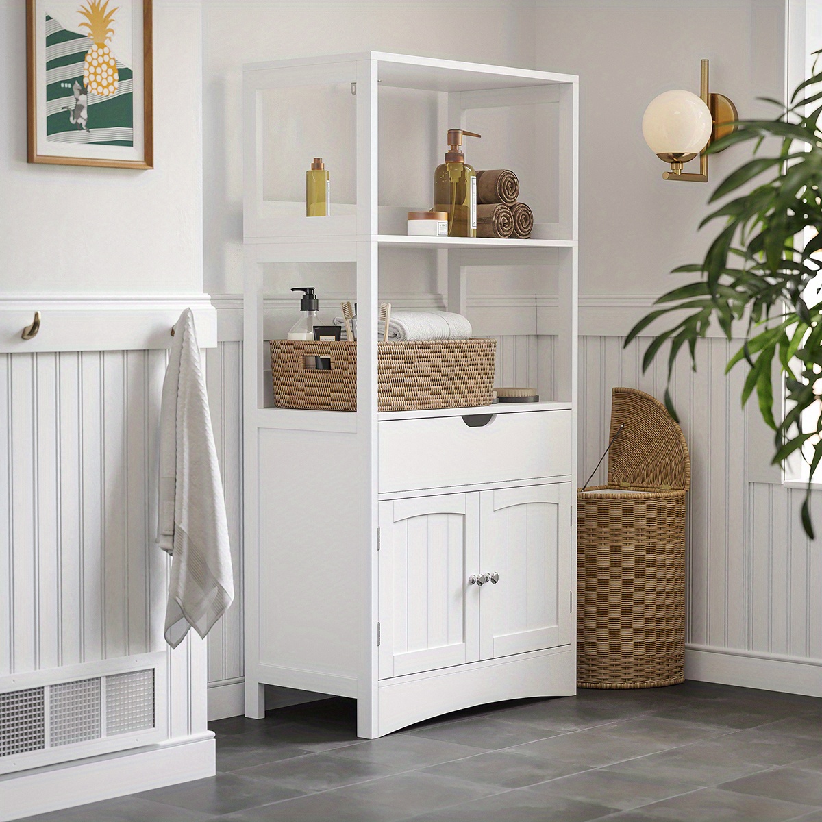 TEMU de rangement de salle de bain, Grande avec 2 étagères ouvertes, autoportante en toile de lin, 1 grand tiroir, 12,8 ,6 x 48 pouces, pour entrée,