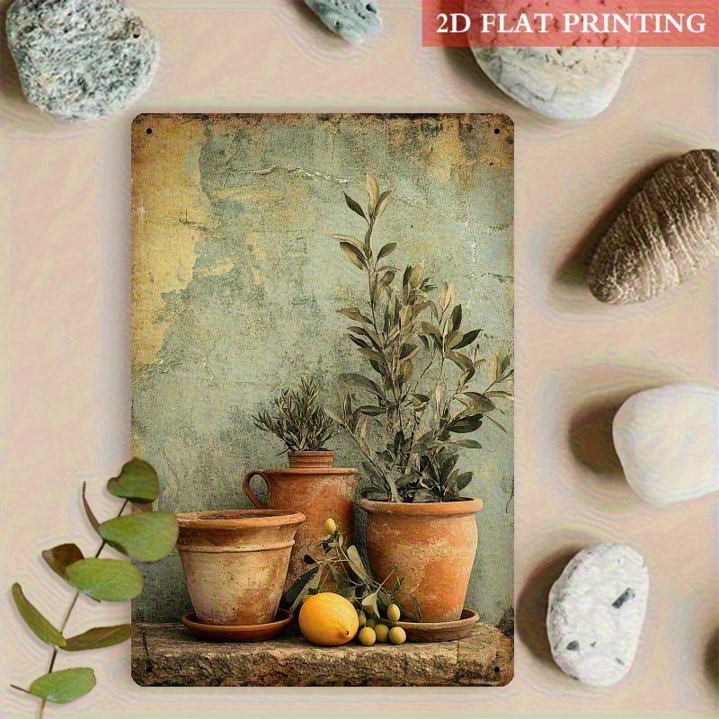 TEMU 2D Flat - [2D FLAT] 1 Stück Vintage Mediterrane Terrakottentöpfe mit Zitronen- & Oliven-Metallblechschild – 30.48X20.32Cm Rustikale Wanddeko für