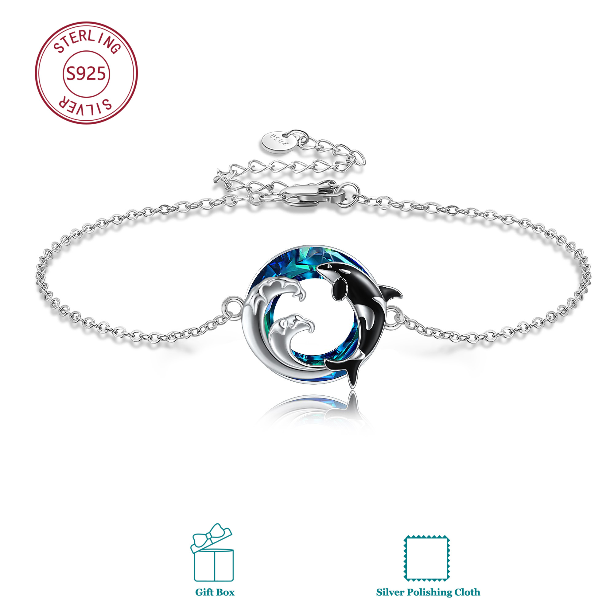 Image of S925 Sterling Silvery Bracelet With Artificial Crystal (ocean Element) Daily Wear For Men And Women Birthday Gift Christmas Gift For Hypoallergenic