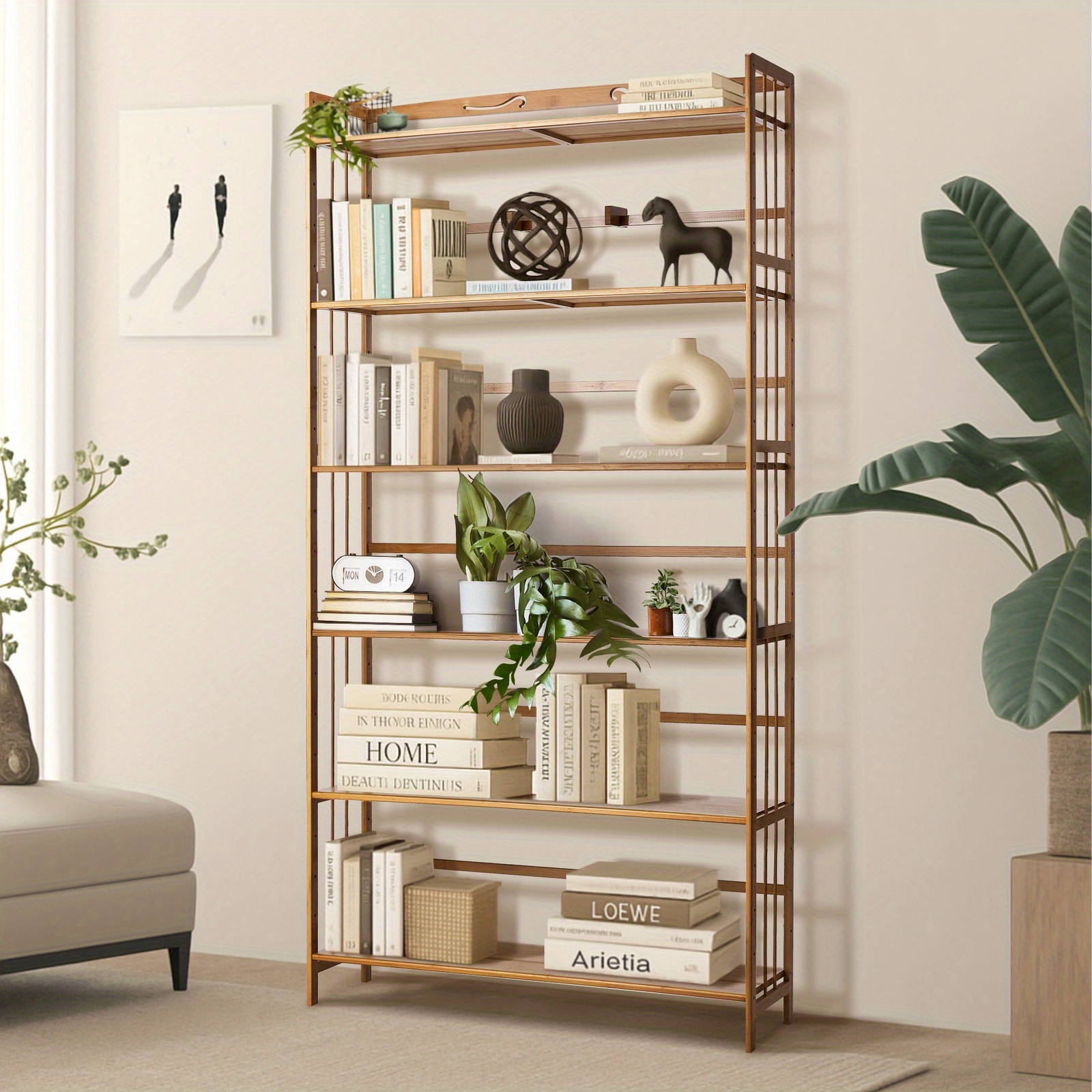 oikture 6 tier heavy duty bamboo bookshelf bookcase with adjustable shelves freestanding storage shelf natural bamboo easy assembly space saving   for home office living room bedroom sturdy modern bookcase with   she