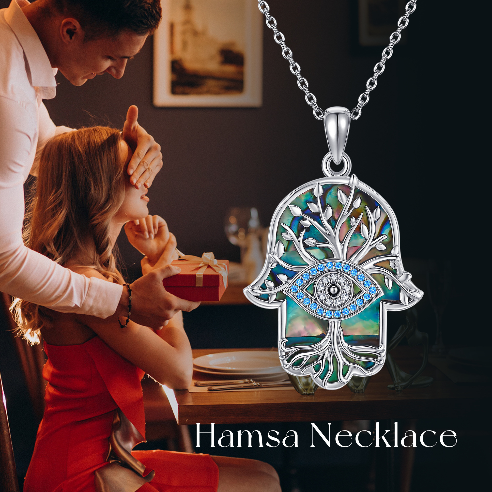 925 Sterling Silver Hamsa Hand Necklace with Evil Eye Charm