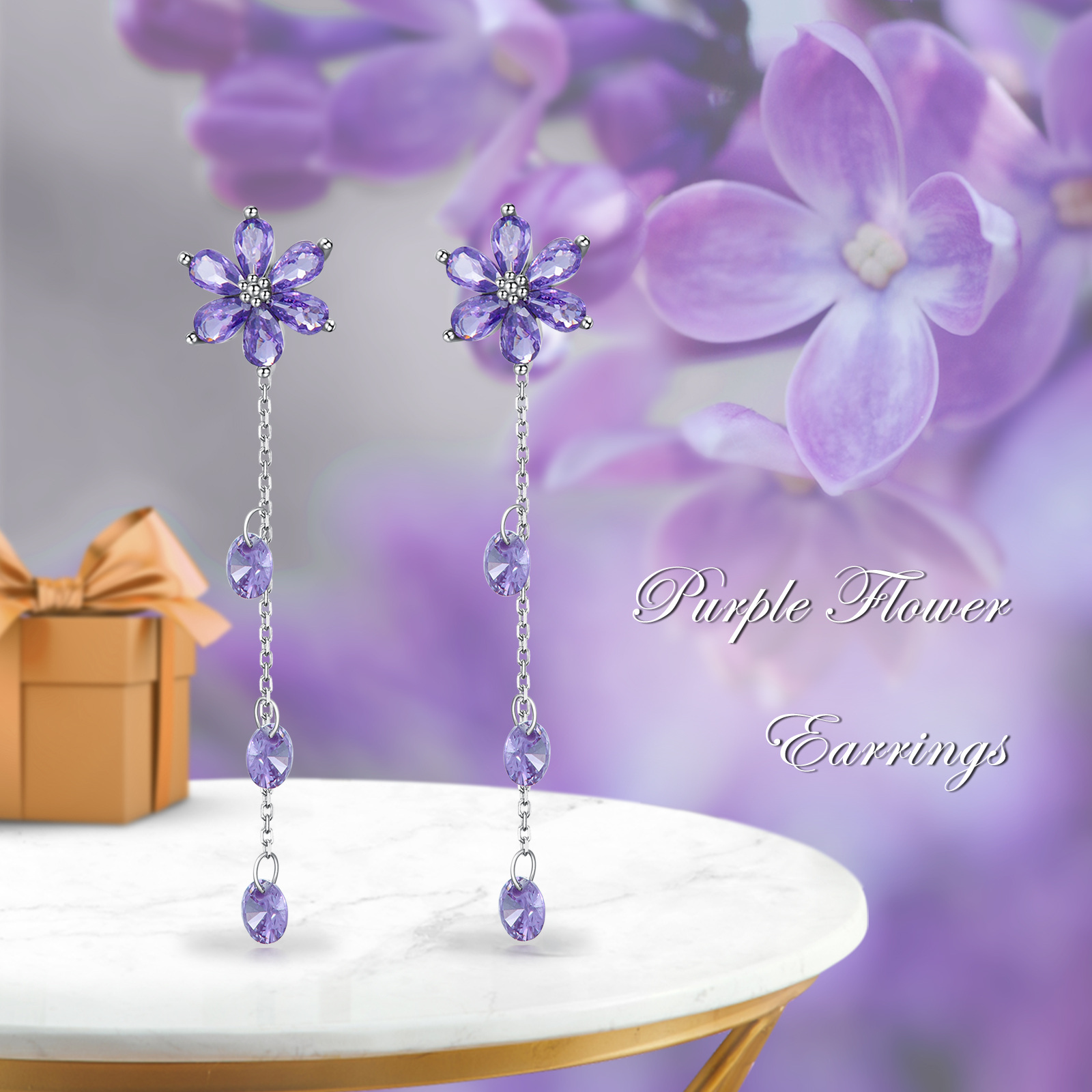 Silver Flower Drop Earrings Purple Floral Dangly Earrings for Women