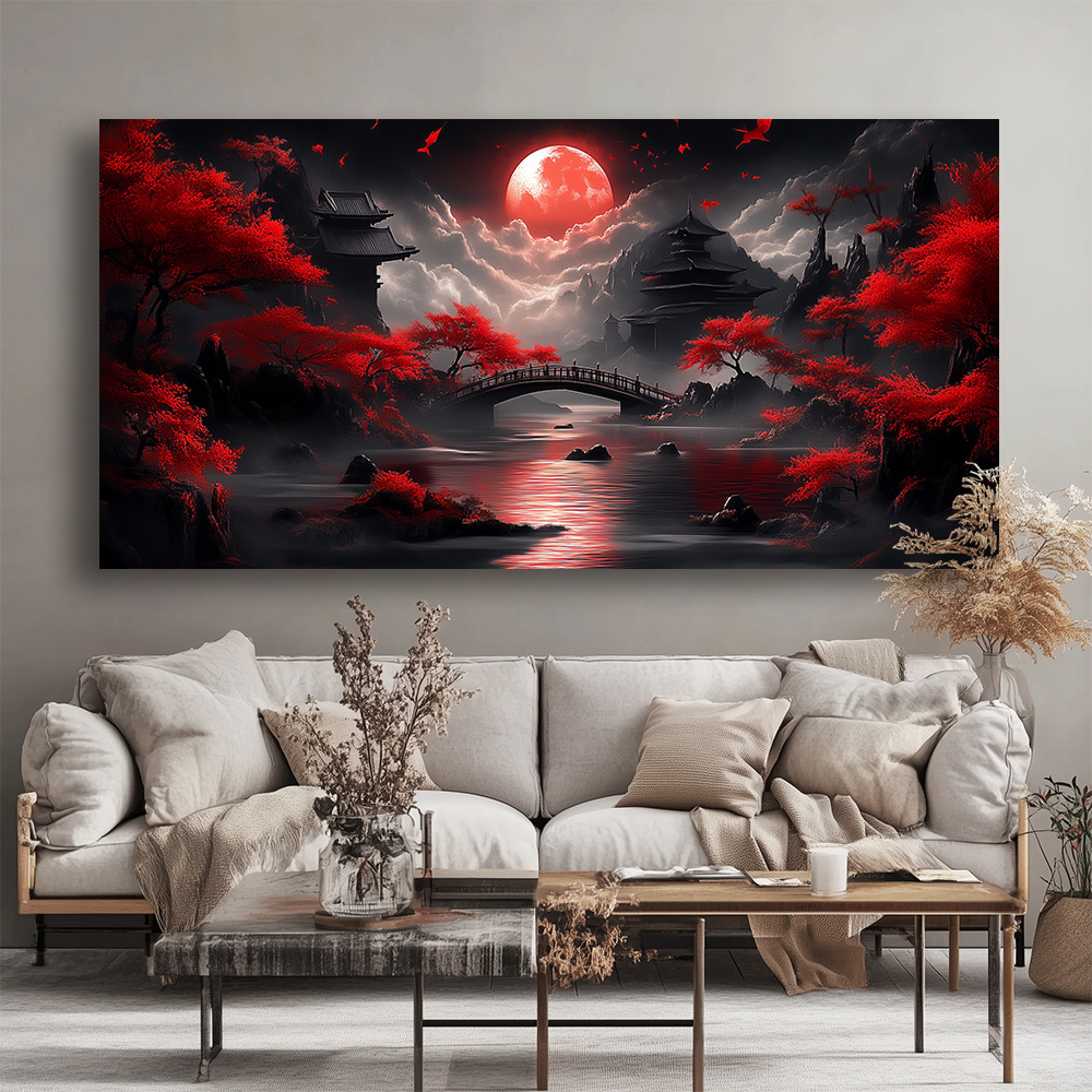 2D Flat, 2D Flat, Framed Canvas Artwork Featuring a Red Moon And Pagoda, 1.5-Inch Frame, Ideal for Decorating Bathrooms, Living Rooms, Kitchens, Bedrooms, And Offices with High-Quality Modern Prints