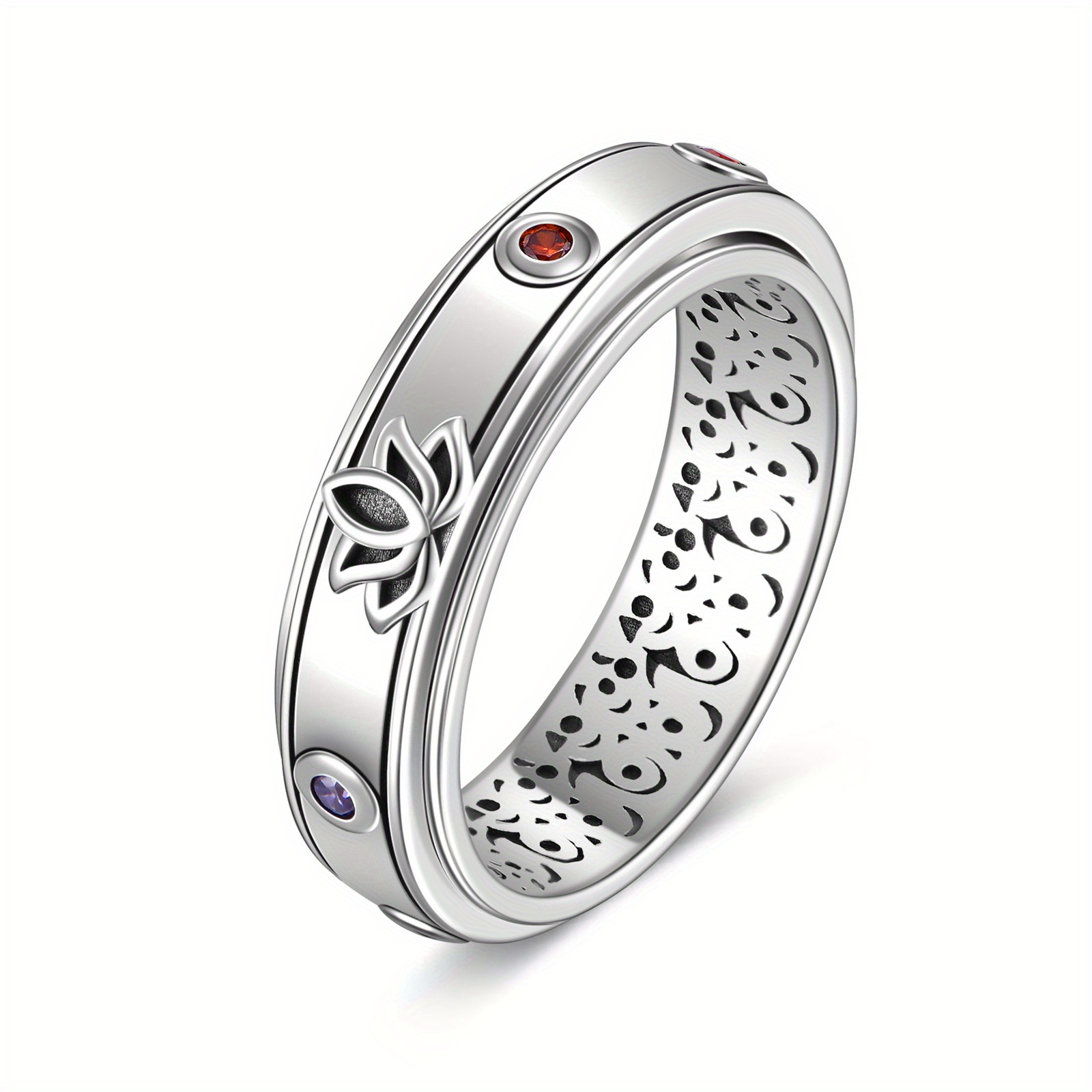 Fidget Ring 925 Sterling Silver Lotus Chakra Spinner Ring