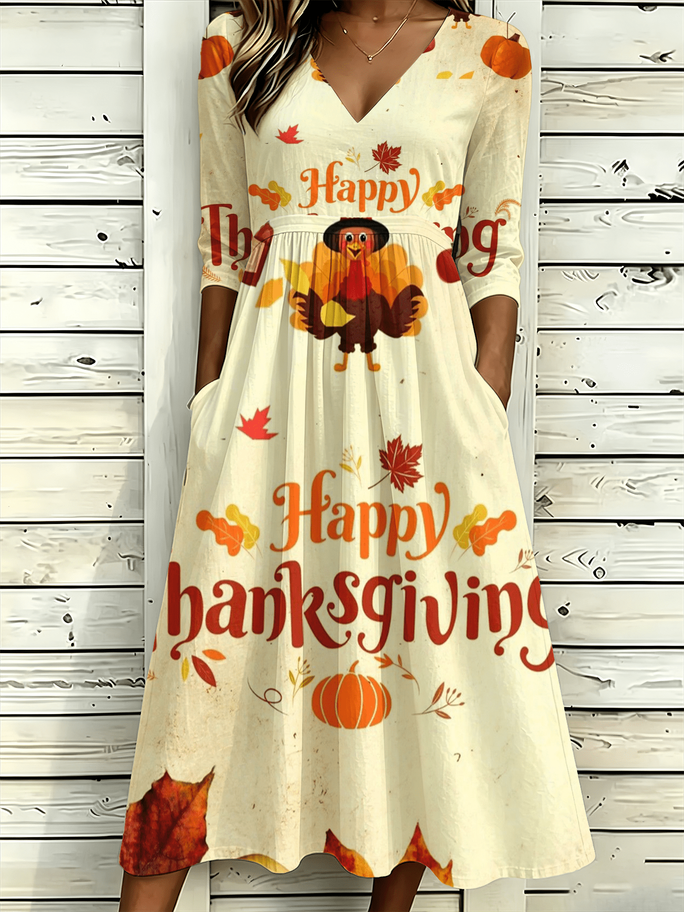 item picture thanksgiving full printed womens womens v neck three quarter sleeve   long   thanksgiving turkey pumpkin leaves suitable for casual and athletic settings