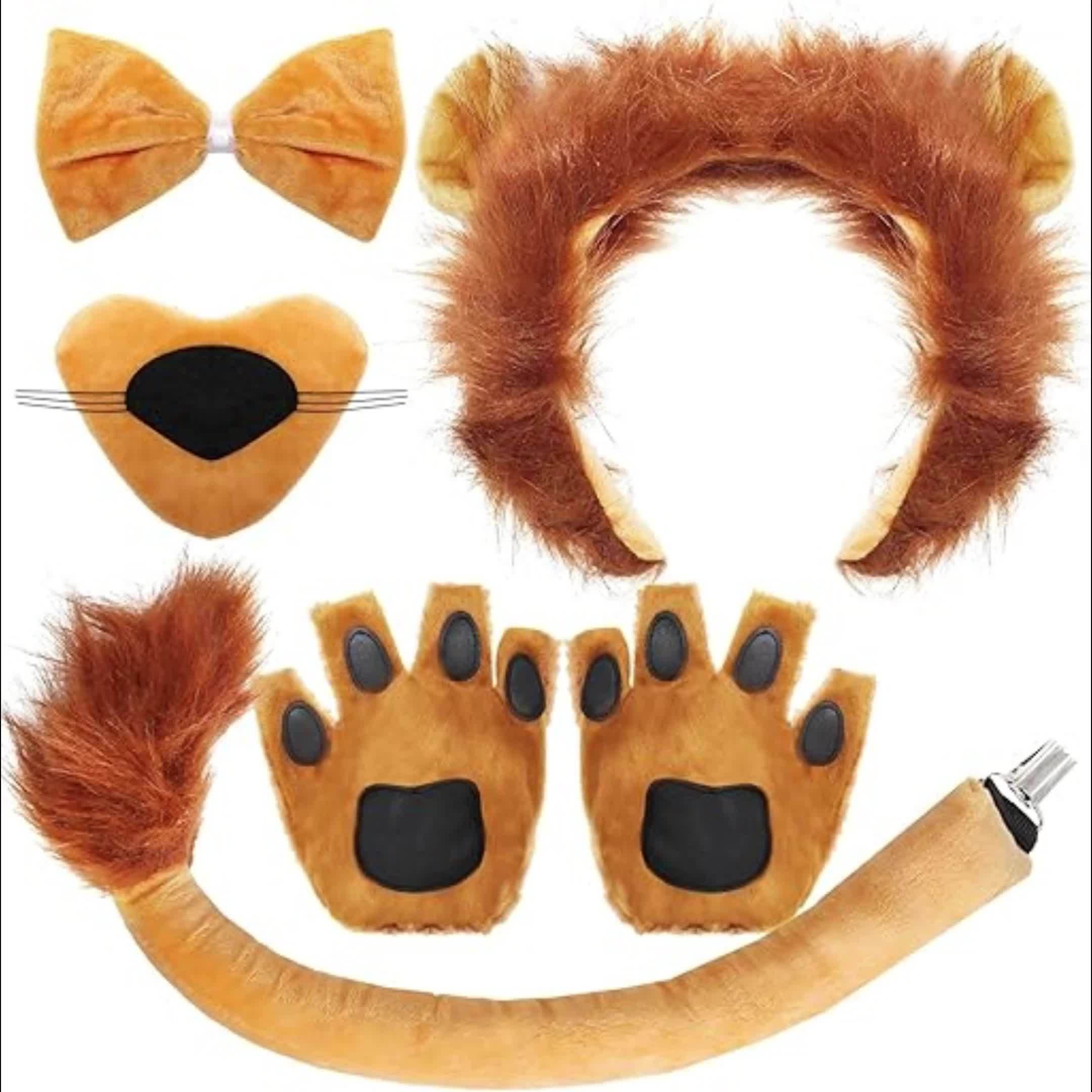 JIAHG Set Costume Leone Per Bambini E Adulti - Fascia Orecchie, Coda E Zampe Guanti Per Halloween E Carnevale