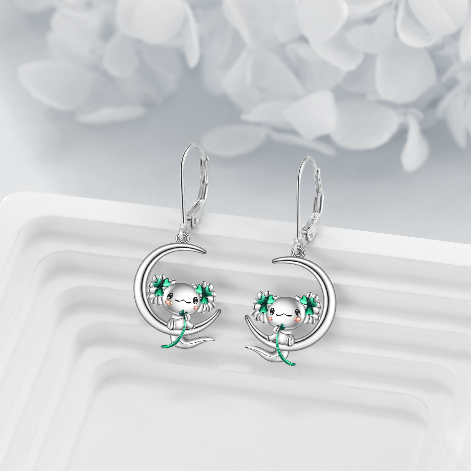 Women's 925 Sterling Silver Axolotl Moon Drop Earrings, Christmas Gift