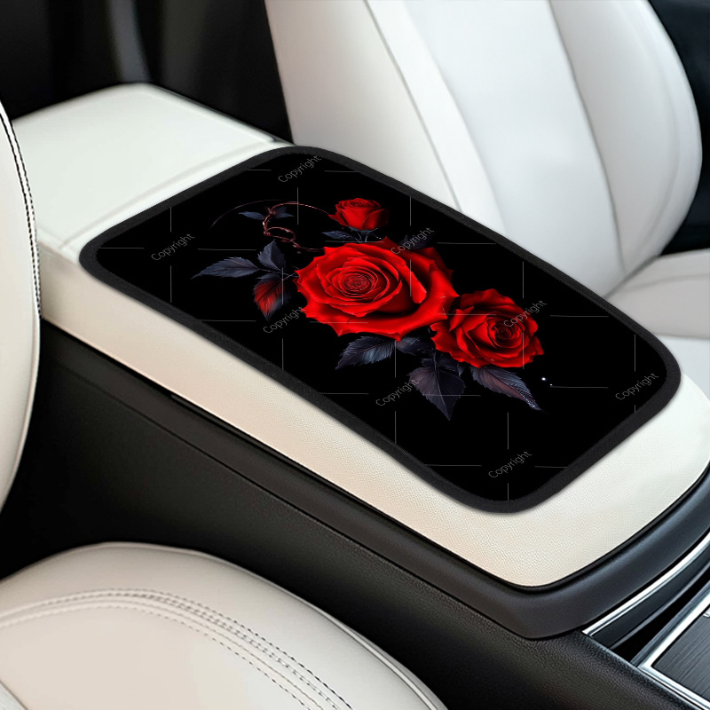 TEMU 1pc Armrest Cushion Cover - Red Roses Design, Soft Anti-slip Console Pad, Elastic Decor Accessory, Stylish Black Background With Vibrant Red Roses Print, Compatible With Most Vehicles