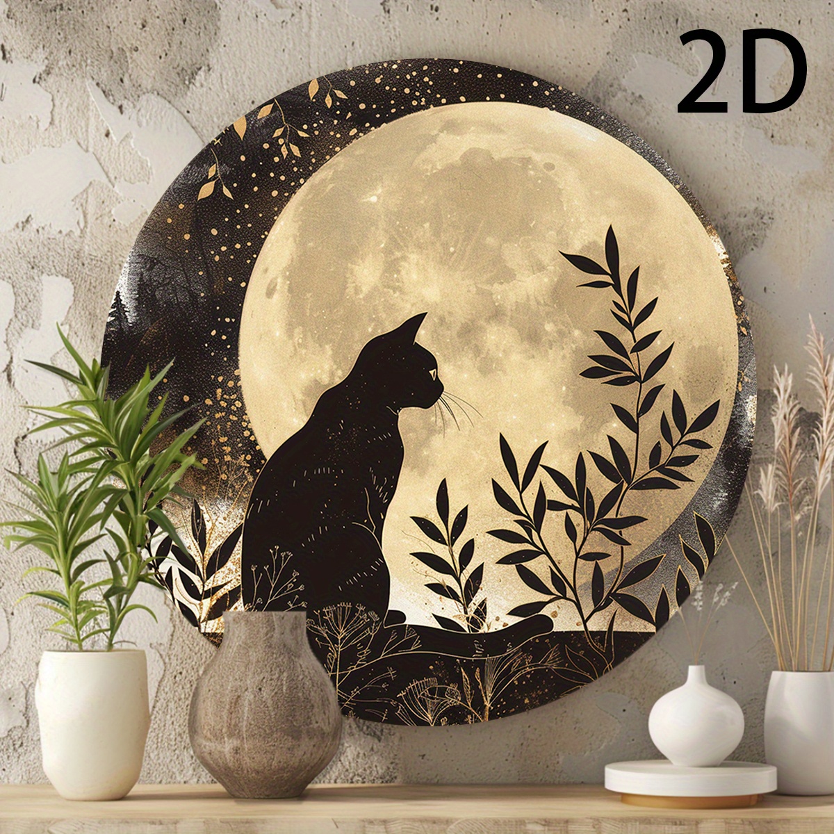 TEMU 2d Flat, 1pc Cat Moon Leaf Silhouette Metal Wall Art - Durable Iron Hanging Sign Suitable For Home,, - Classic Nautical & Moon-themed Decoration