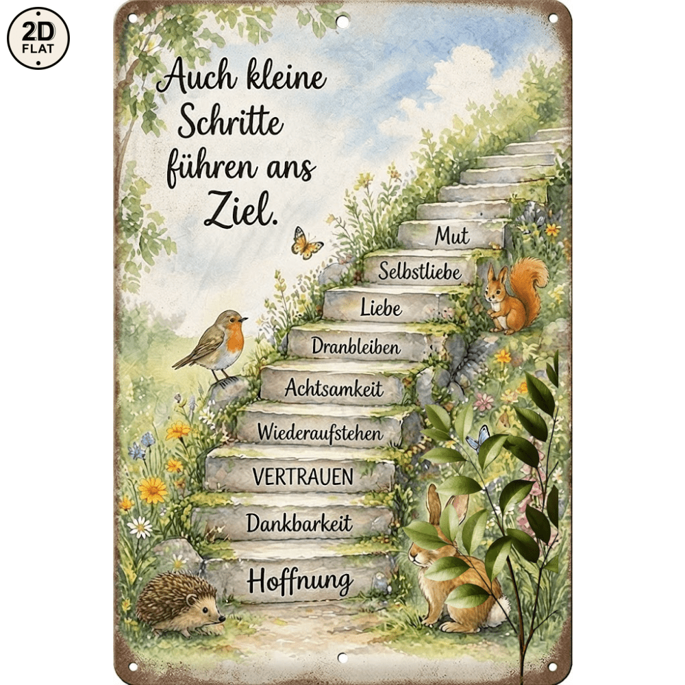 Image of 2d Flat, [2d Flat] 1pc Metal Sign, Stone Steps With Animals, Motivational Quotes, Perfect For Home, Office, Bar, Outdoor Decor, 20x30cm, 2d Flat