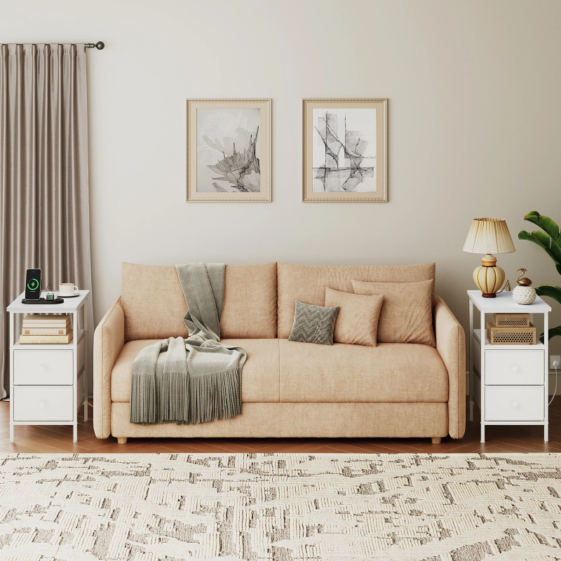 Modern Nightstand with Charging Station and Two Drawers for Storage