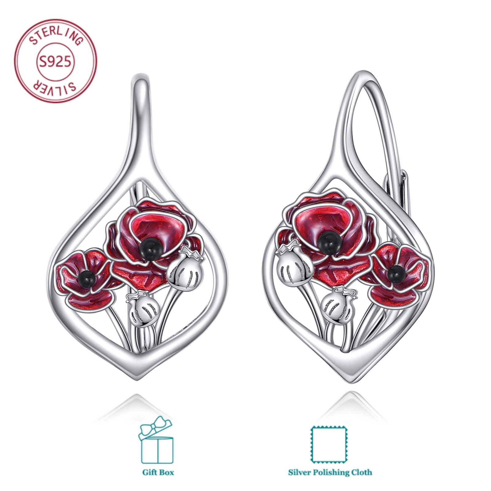 Image of 925 Sterling Silver Poppy Earrings, Remembrance And Memorial Themed Earrings, Suitable For Daily Wear And Occasion Gifts