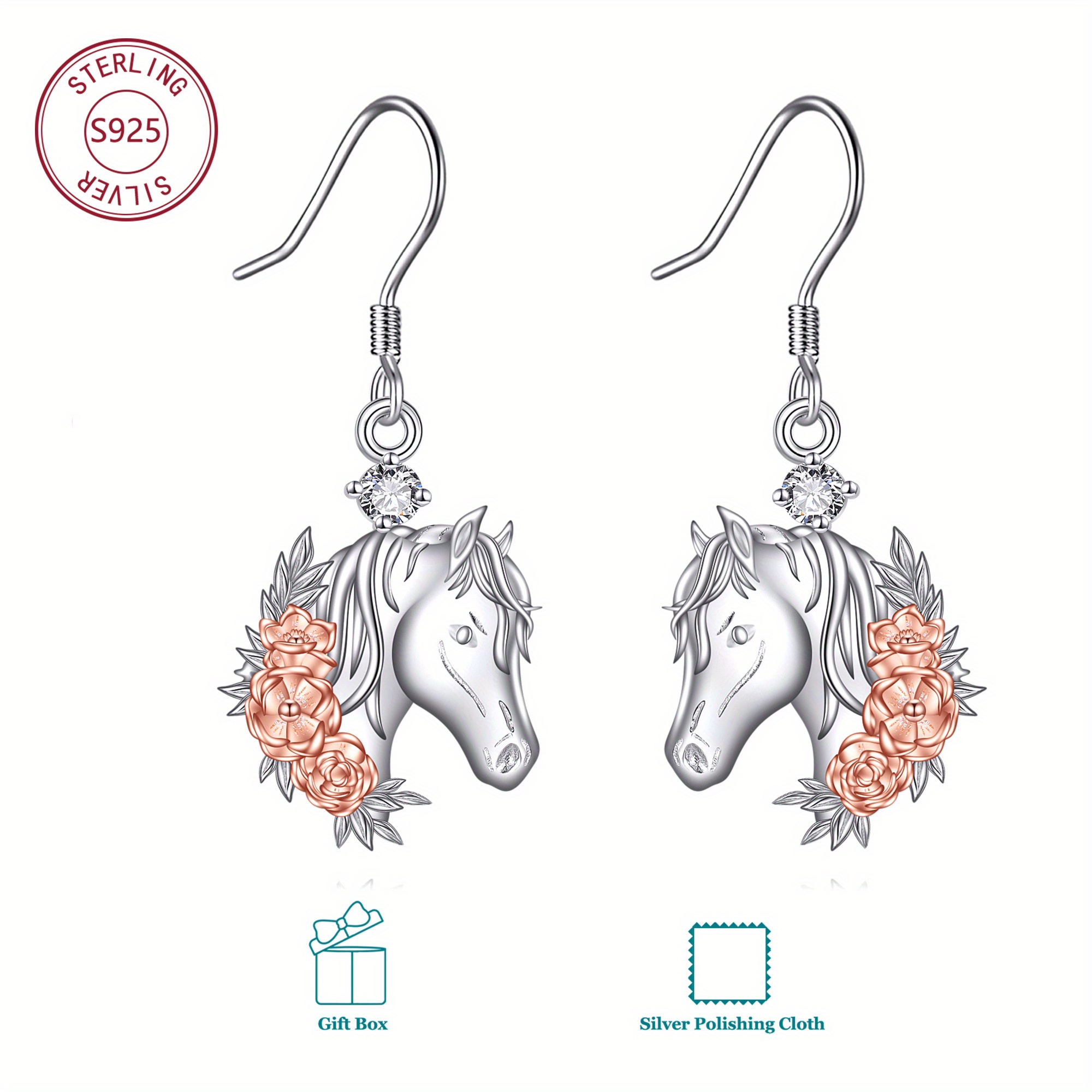 Image of 925 Sterling Silvery Horse Gifts Earrings, Synthetic Zirconia Flower And Horse Earrings Dangle Drop Animal Jewelry Gifts For Women For Daily Wear