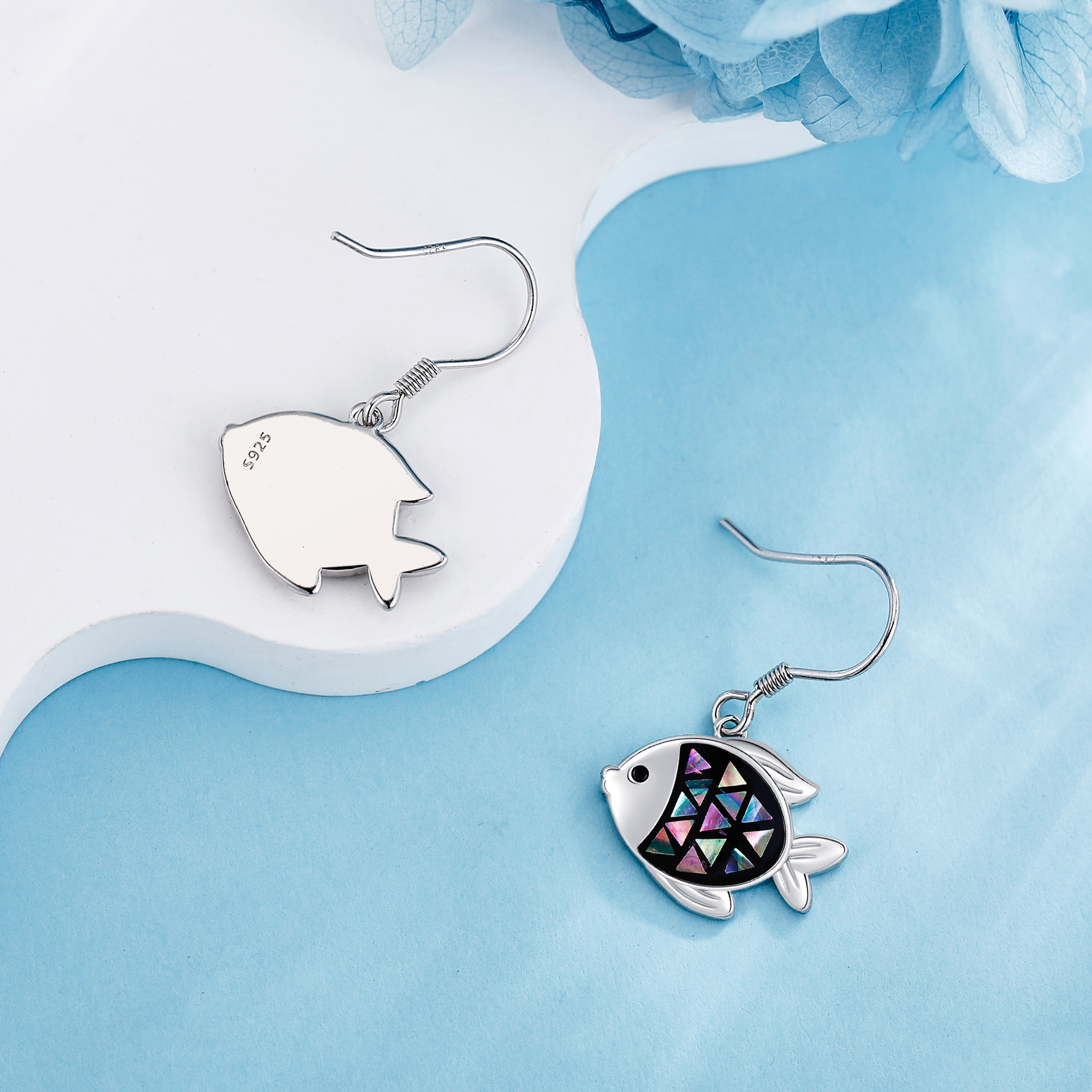 Women's Sterling Silver Abalone Shell Fish Dangle Earrings, Ocean Inspired