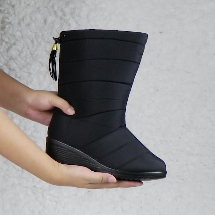 Fur Lined Snow Boots Waterproof Platform Mid Calf Chunky Heels