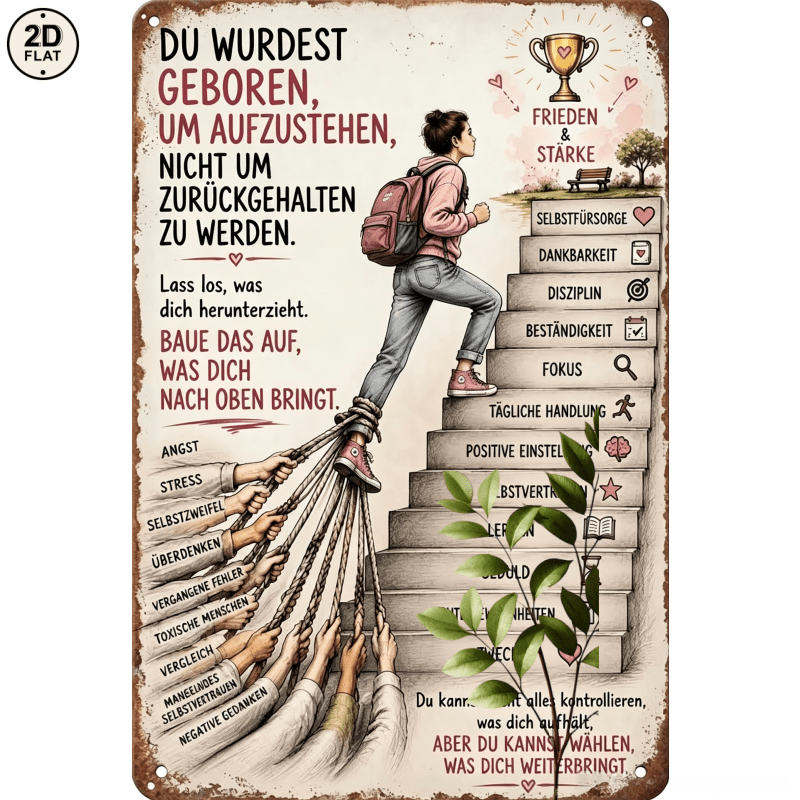 TEMU 2d Flat - 【2d Flat】 2d Flat - [2d Flat] 1pc Metal Sign. Motivational Woman Climbing Stairs Inspirational German Quote Metal Tin Sign Decor
