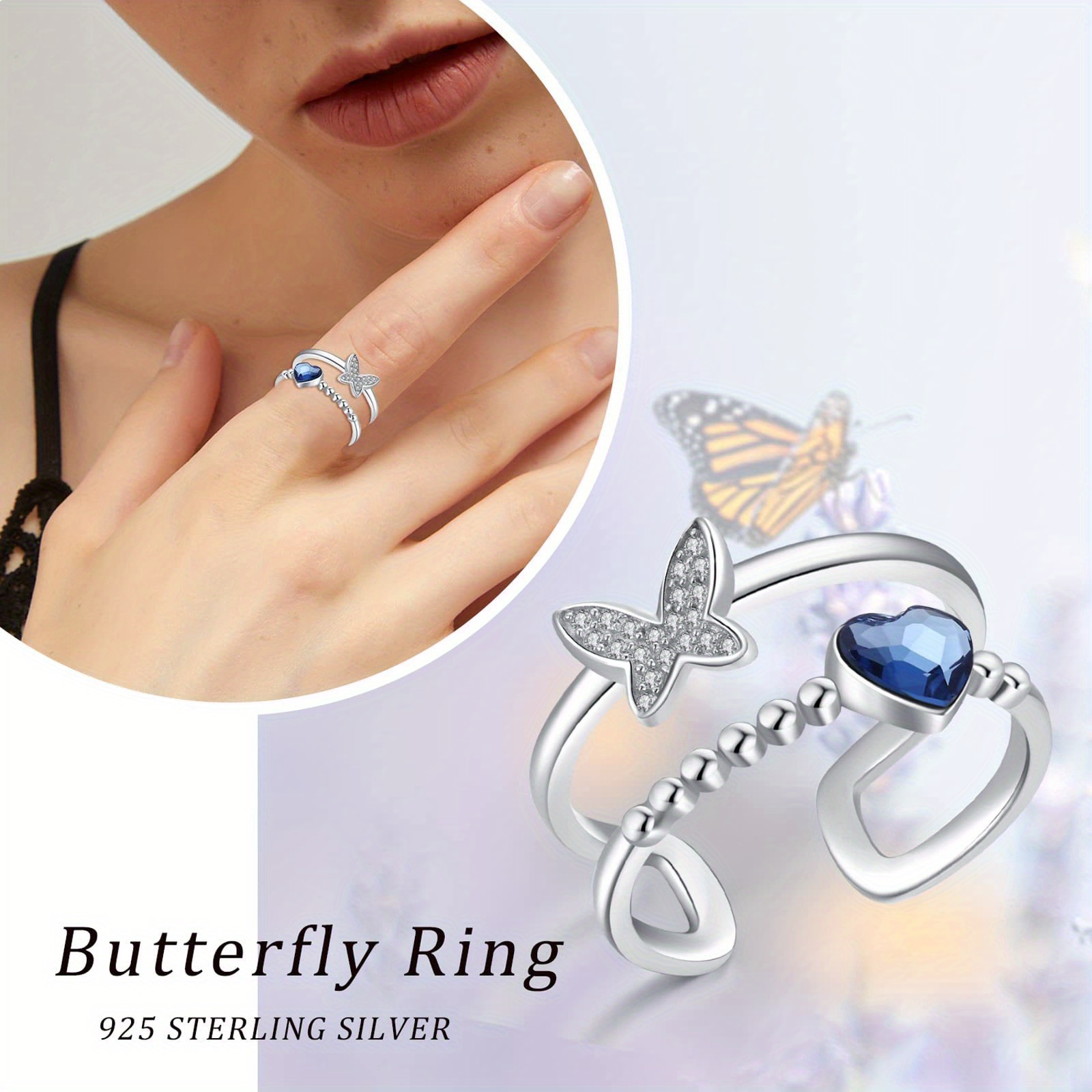 Heart Crystal Butterfly Ring 925 Sterling Silver Adjustable