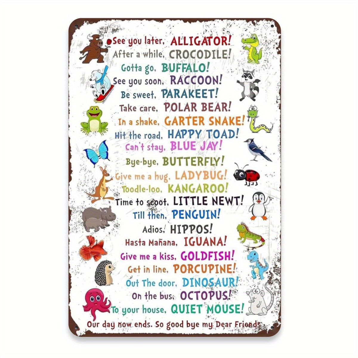 TEMU 2d Flat - 1pc Ideal For Decorating A Room, Featuring Vibrant And Whimsical Animal Designs Around Text, This Retro Metal Wall Art Is Perfect For